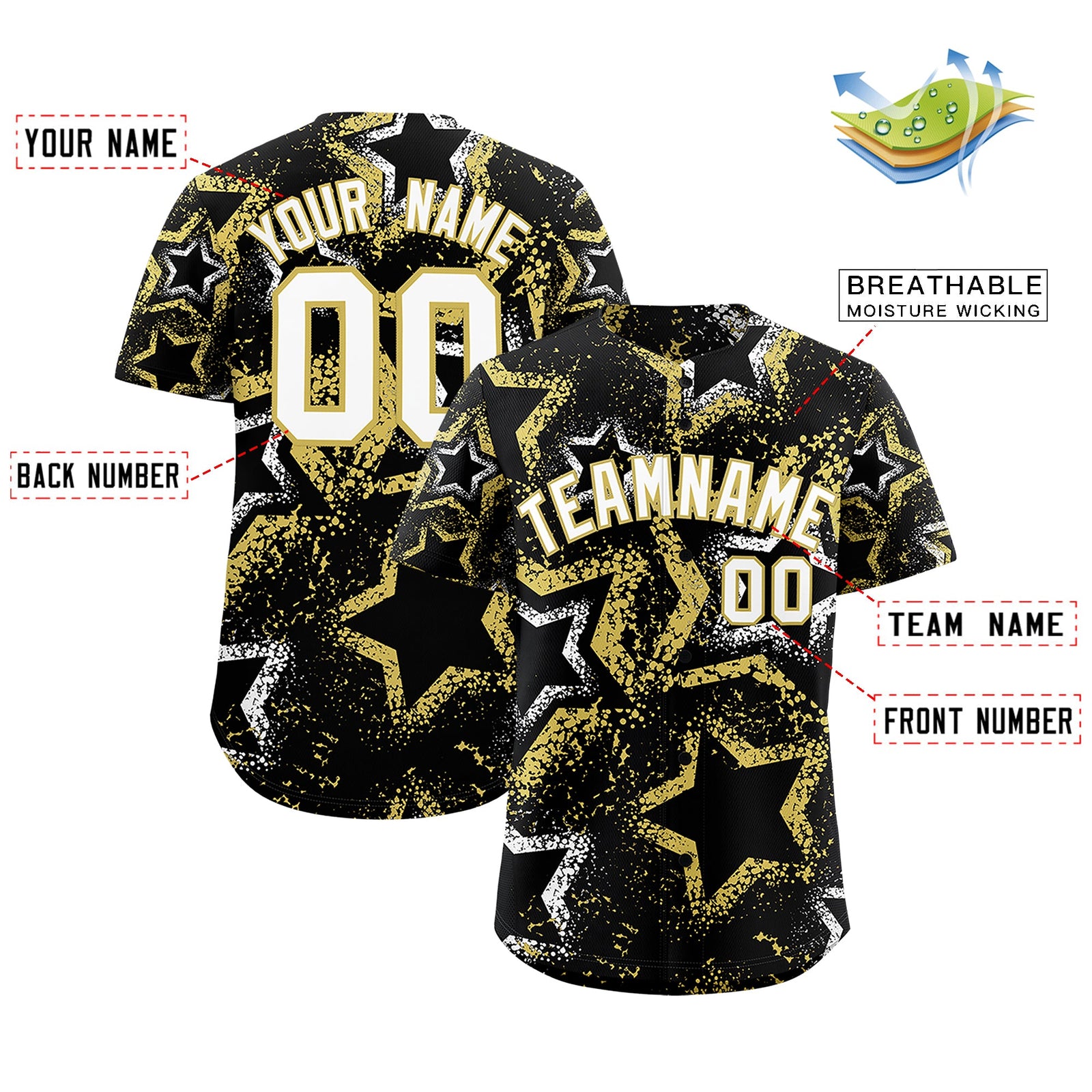 Custom Black White Old Gold Star-Shaped Ink Texture Graffiti Pattern Baseball Jersey | Sublimation Printed & Stitched,Add Name and Numbern,Perfect for Parties,Perfect for Training | KXKSHOP