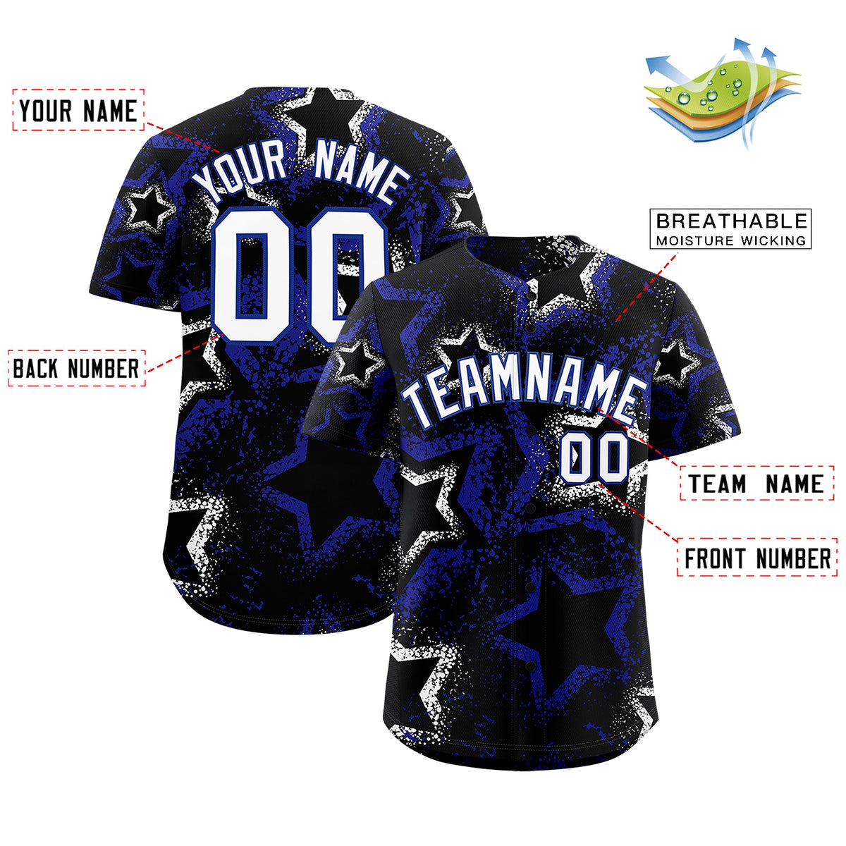 Custom Black White Royal Blue Star-Shaped Ink Texture Graffiti Pattern Baseball Jersey | Sublimation Printed &amp; Stitched,Add Name and Numbern,Perfect for Parties,Perfect for Training | KXKSHOP