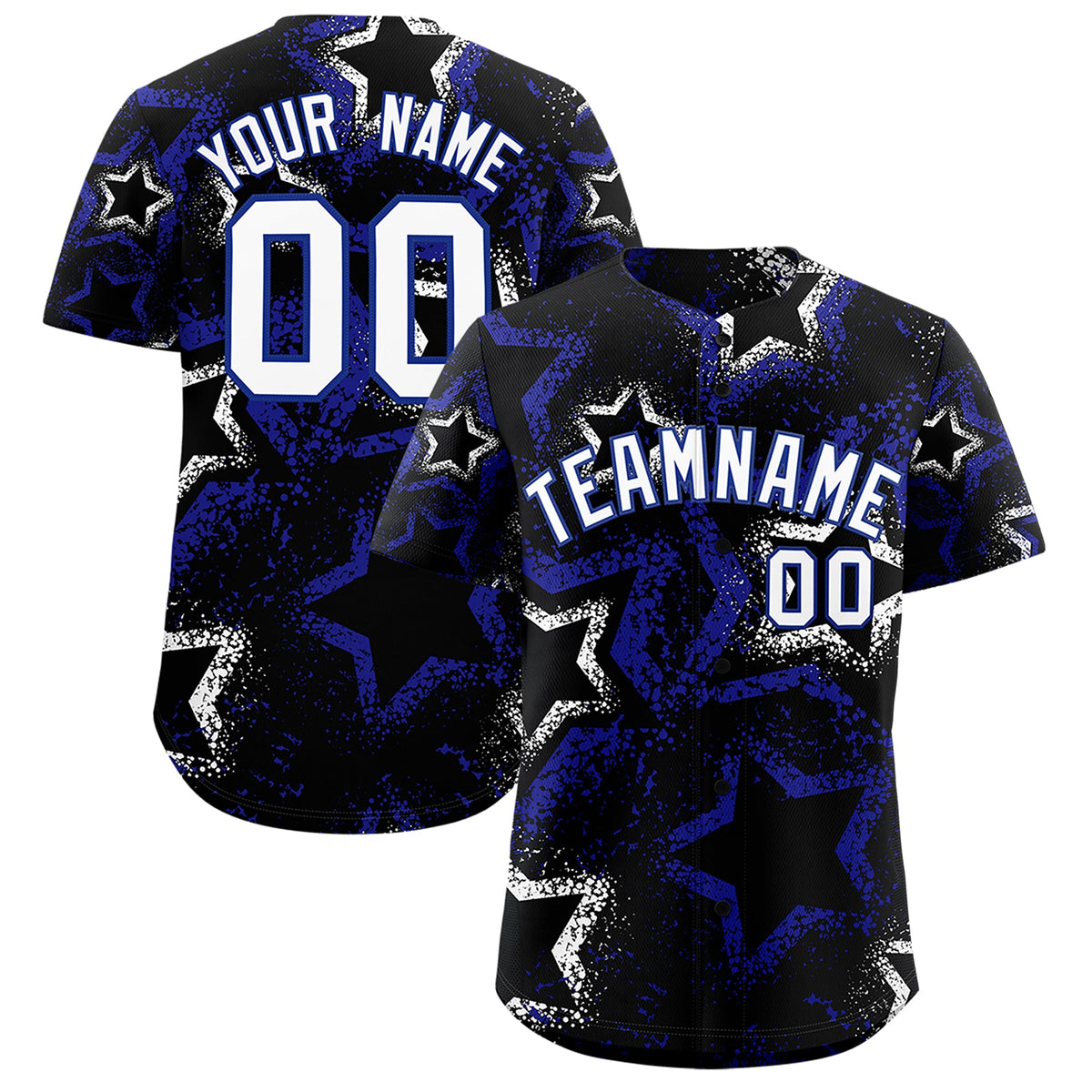 Custom Black White Royal Blue Star-Shaped Ink Texture Graffiti Pattern Baseball Jersey | Sublimation Printed &amp; Stitched,Add Name and Numbern,Perfect for Parties,Perfect for Training | KXKSHOP