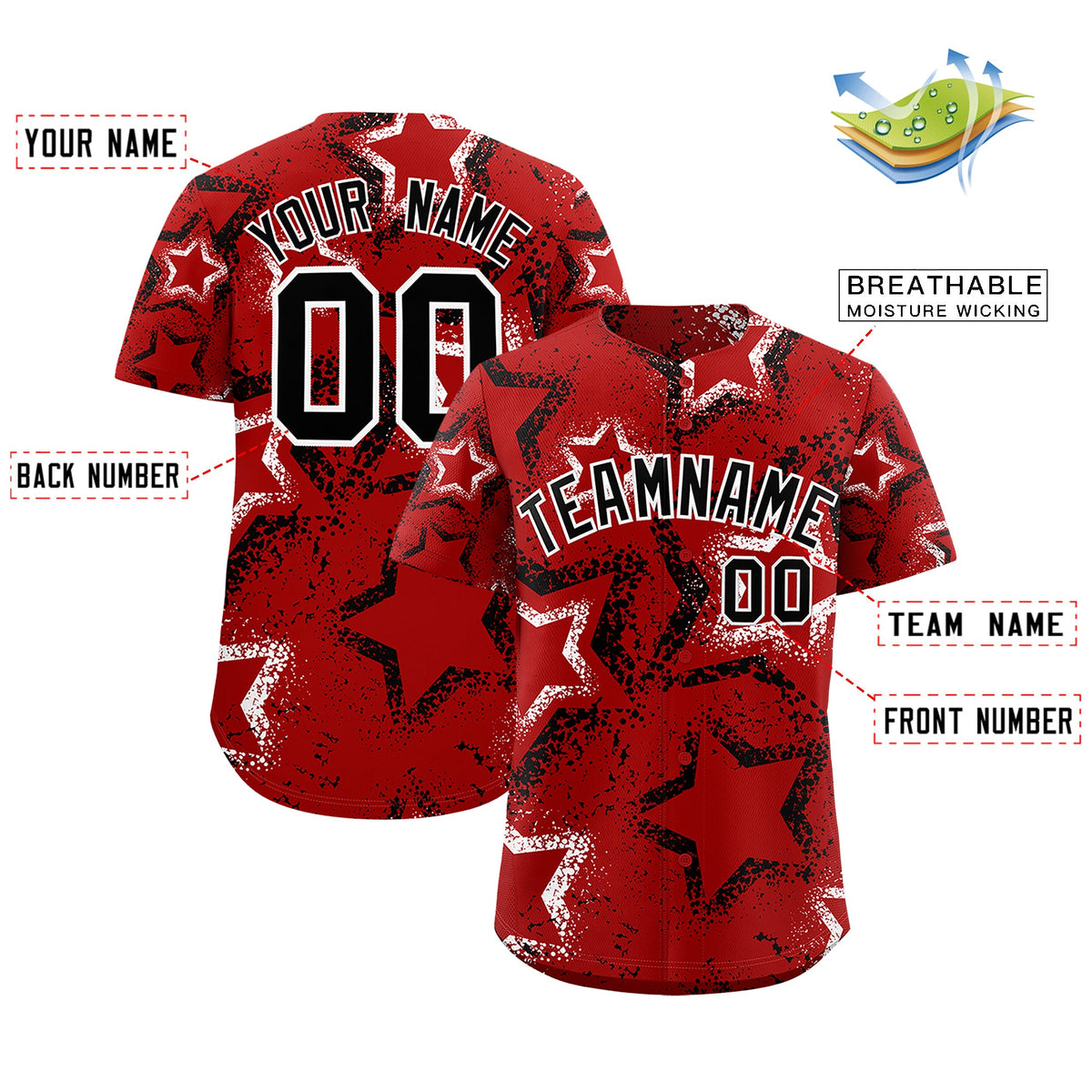 Custom Red White Black Star-Shaped Ink Texture Graffiti Pattern Baseball Jersey | Sublimation Printed & Stitched,Add Name and Numbern,Perfect for Parties,Perfect for Training | KXKSHOP