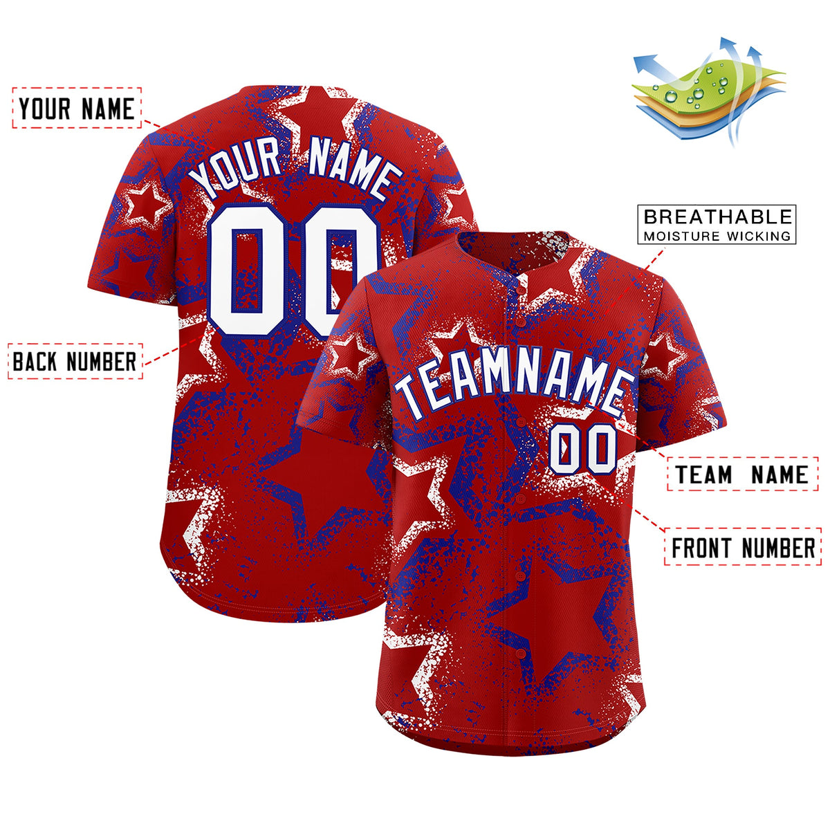 Custom Red White Royal Blue Star-Shaped Ink Texture Graffiti Pattern Baseball Jersey | Sublimation Printed &amp; Stitched,Add Name and Numbern,Perfect for Parties,Perfect for Training | KXKSHOP