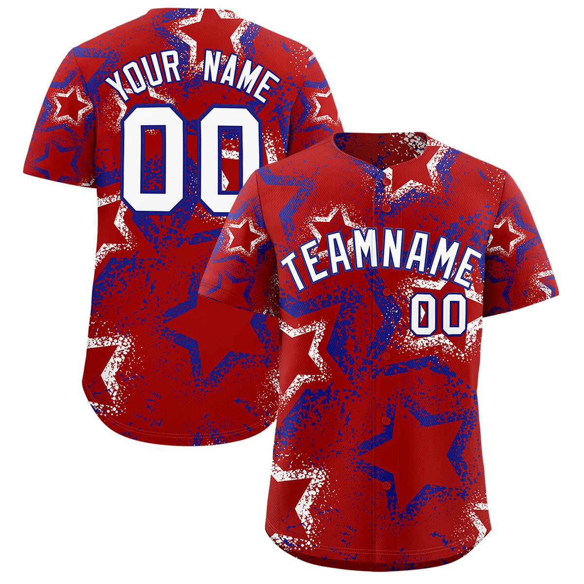 Custom Red White Royal Blue Star-Shaped Ink Texture Graffiti Pattern Baseball Jersey | Sublimation Printed &amp; Stitched,Add Name and Numbern,Perfect for Parties,Perfect for Training | KXKSHOP