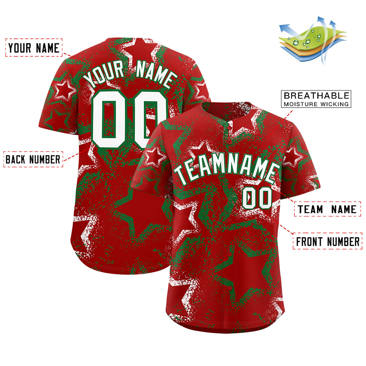 Custom Red White Kelly Green Star-Shaped Ink Texture Graffiti Pattern Baseball Jersey | Sublimation Printed &amp; Stitched,Add Name and Numbern,Perfect for Parties,Perfect for Training | KXKSHOP