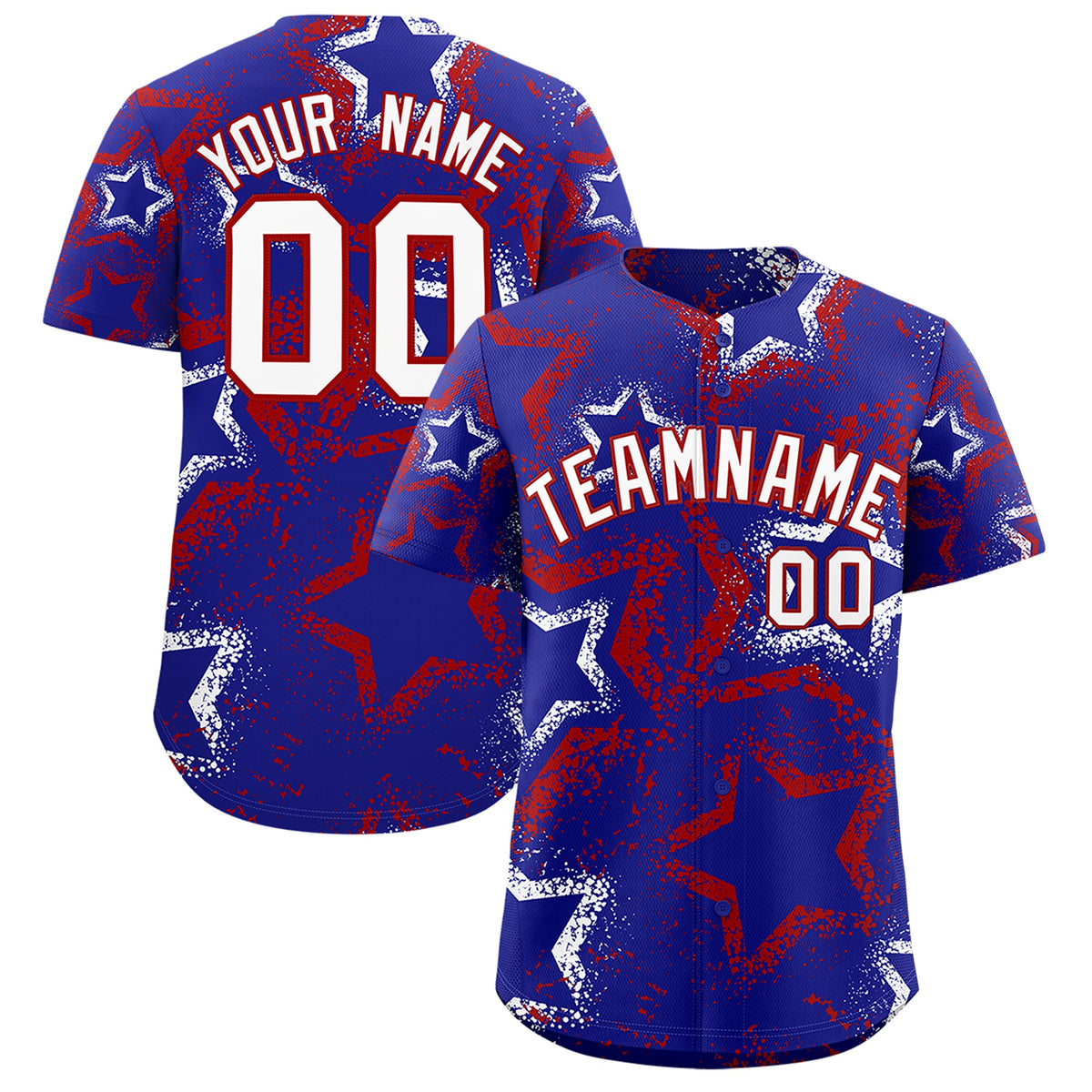 Custom Royal Blue White Red Star-Shaped Ink Texture Graffiti Pattern Baseball Jersey | Sublimation Printed &amp; Stitched,Add Name and Numbern,Perfect for Parties,Perfect for Training | KXKSHOP