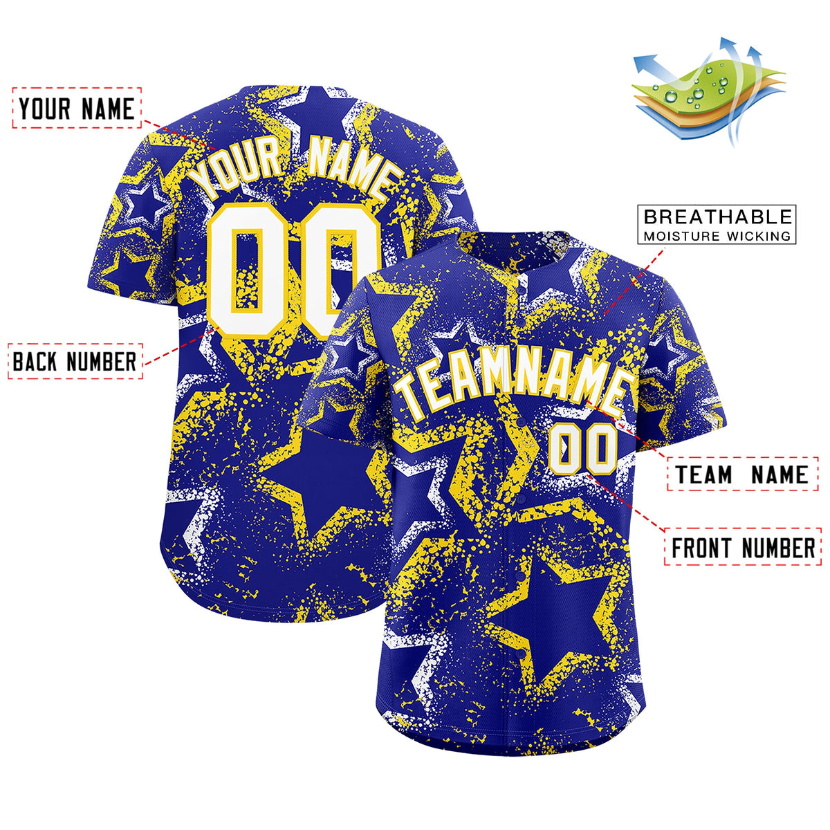 Custom Royal Blue White Gold Star-Shaped Ink Texture Graffiti Pattern Baseball Jersey | Sublimation Printed &amp; Stitched,Add Name and Numbern,Perfect for Parties,Perfect for Training | KXKSHOP