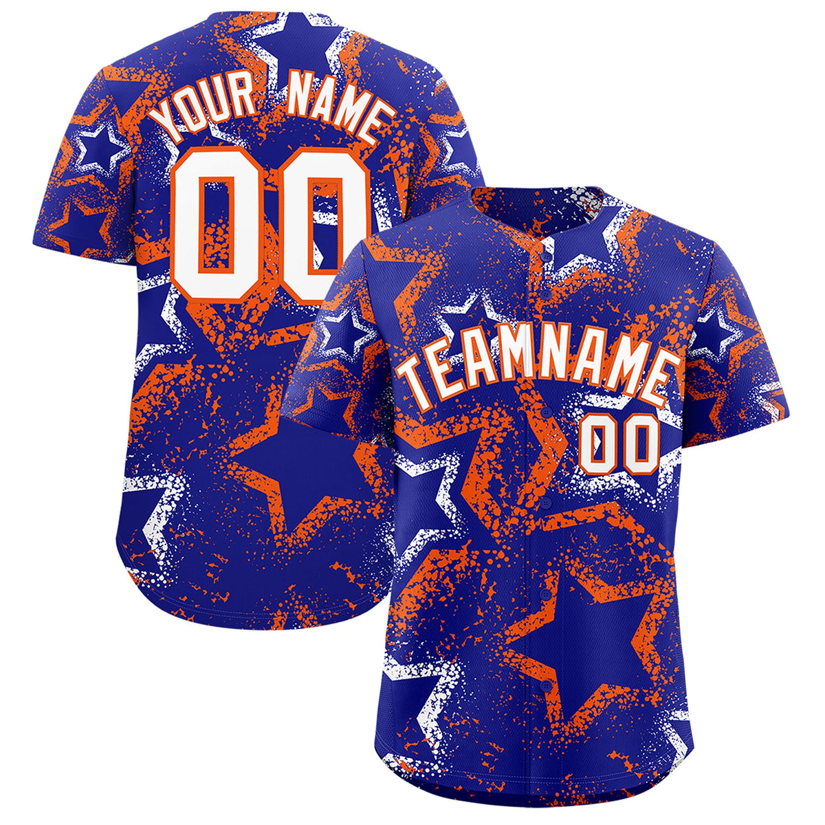 Custom Royal Blue White Orange Star-Shaped Ink Texture Graffiti Pattern Baseball Jersey | Sublimation Printed &amp; Stitched,Add Name and Numbern,Perfect for Parties,Perfect for Training | KXKSHOP