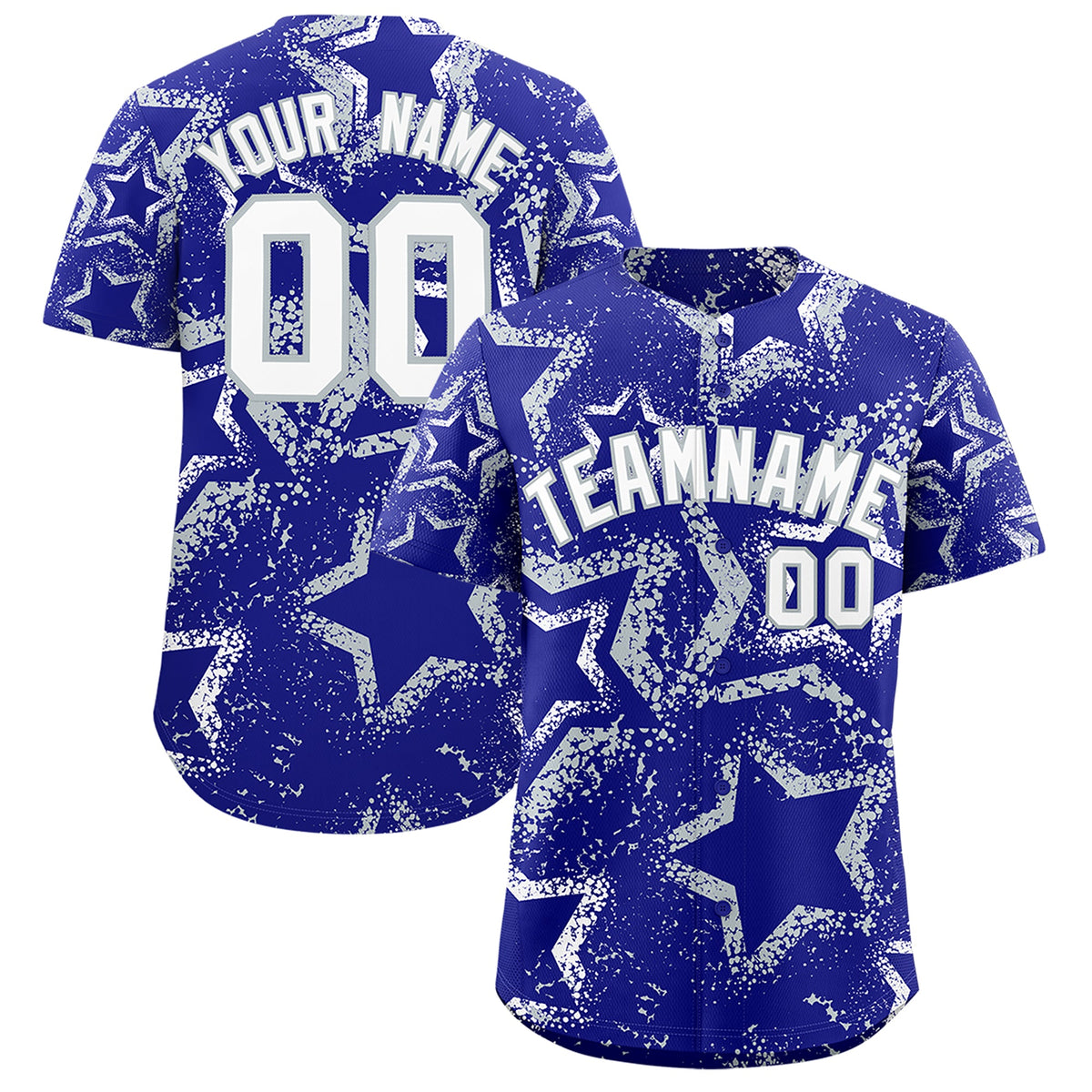 Custom Royal Blue White Silver Star-Shaped Ink Texture Graffiti Pattern Baseball Jersey | Sublimation Printed &amp; Stitched,Add Name and Numbern,Perfect for Parties,Perfect for Training | KXKSHOP