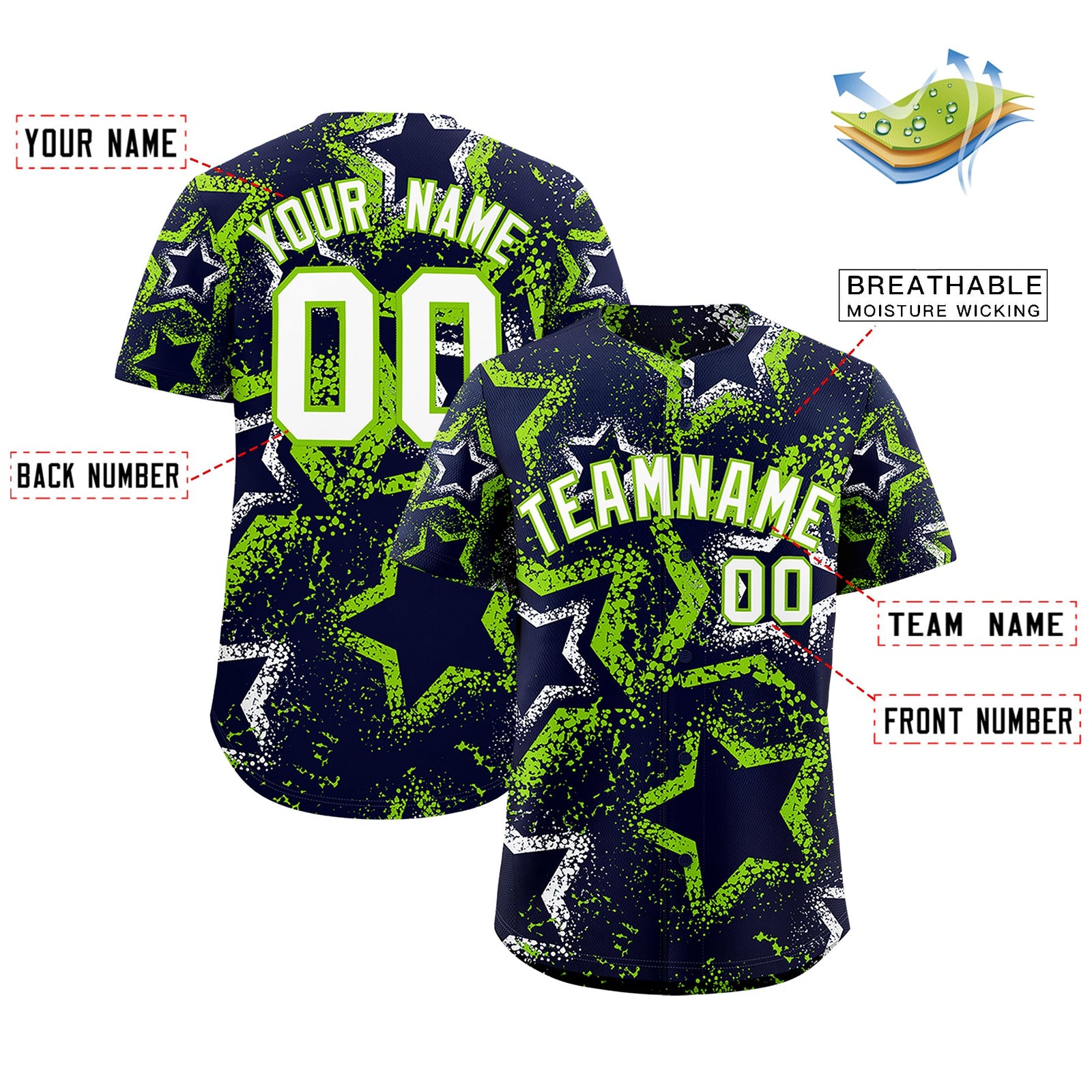Custom Navy White Neon Green Star-Shaped Ink Texture Graffiti Pattern Baseball Jersey | Sublimation Printed & Stitched,Add Name and Numbern,Perfect for Parties,Perfect for Training | KXKSHOP