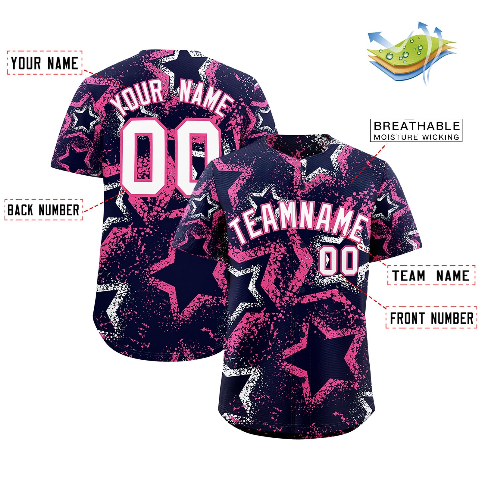 Custom Navy White Pink Star-Shaped Ink Texture Graffiti Pattern Baseball Jersey | Sublimation Printed & Stitched,Add Name and Numbern,Perfect for Parties,Perfect for Training | KXKSHOP