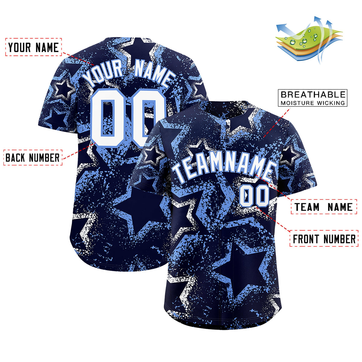 Custom Navy White Light Blue Star-Shaped Ink Texture Graffiti Pattern Baseball Jersey | Sublimation Printed & Stitched,Add Name and Numbern,Perfect for Parties,Perfect for Training | KXKSHOP