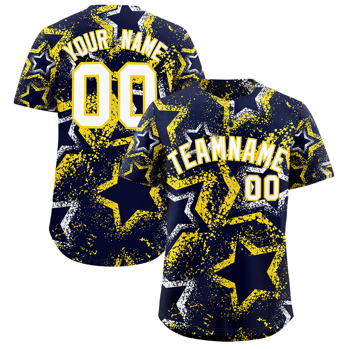 Custom Navy White Gold Star-Shaped Ink Texture Graffiti Pattern Baseball Jersey | Sublimation Printed & Stitched,Add Name and Numbern,Perfect for Parties,Perfect for Training | KXKSHOP