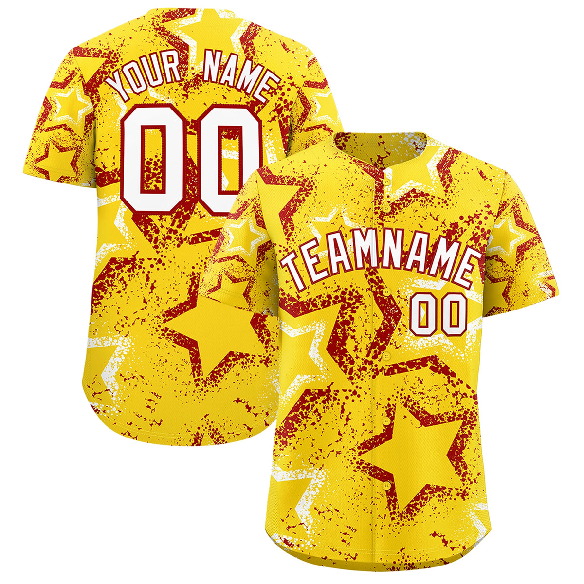 Custom Gold White Red Star-Shaped Ink Texture Graffiti Pattern Baseball Jersey | Sublimation Printed & Stitched,Add Name and Numbern,Perfect for Parties,Perfect for Training | KXKSHOP