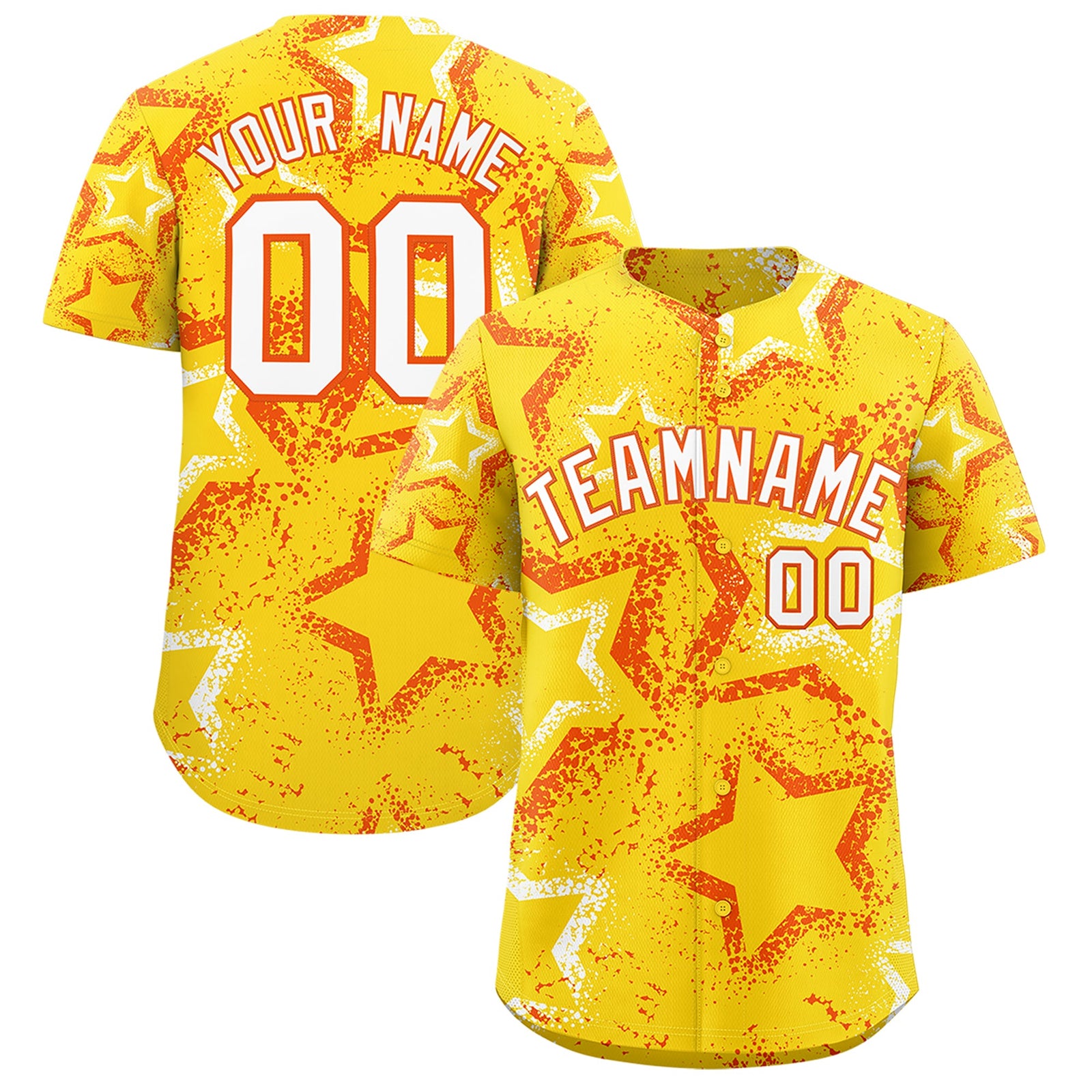 Custom Gold Orange White Star-Shaped Ink Texture Graffiti Pattern Baseball Jersey | Sublimation Printed & Stitched,Add Name and Numbern,Perfect for Parties,Perfect for Training | KXKSHOP