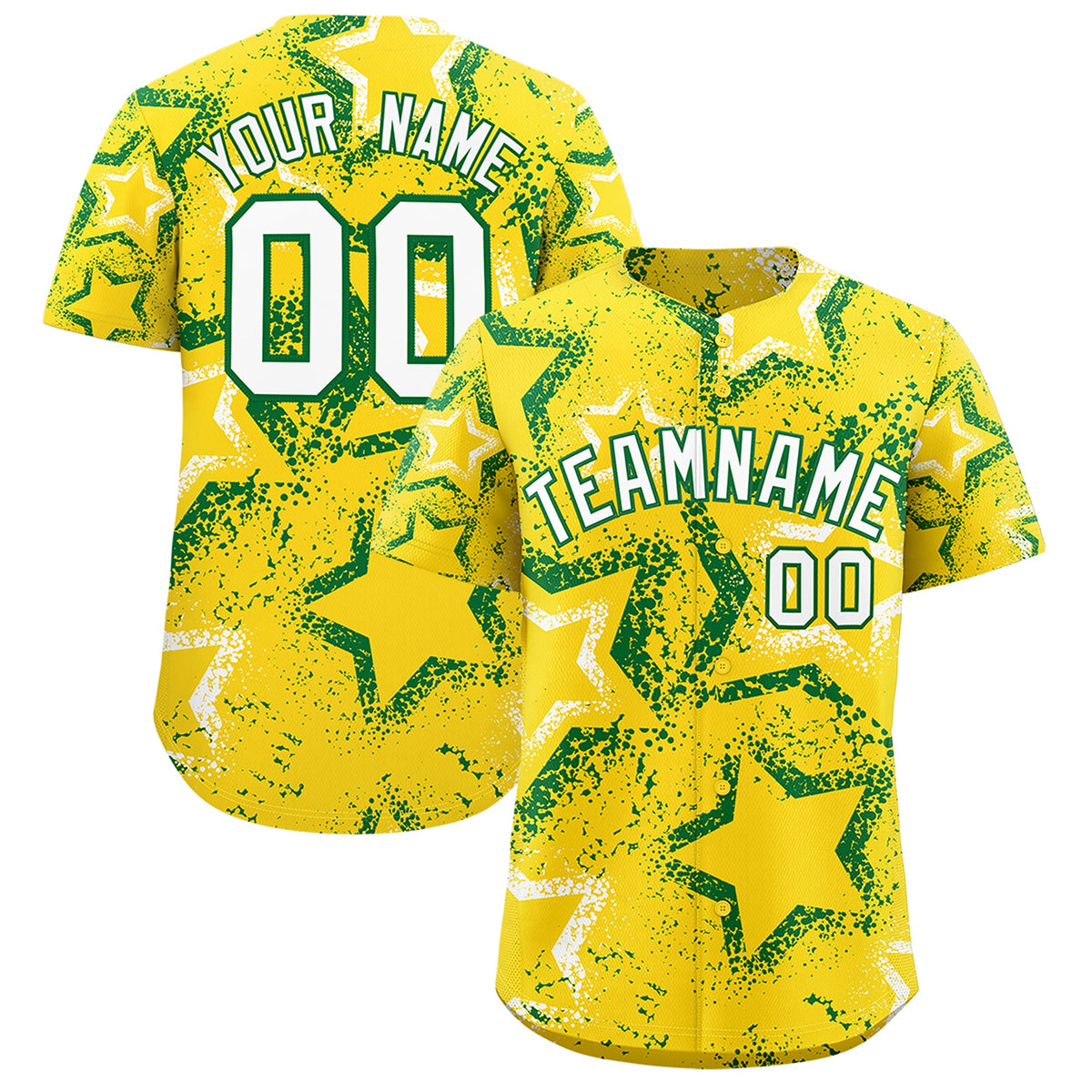 Custom Gold White Kelly Green Star-Shaped Ink Texture Graffiti Pattern Baseball Jersey | Sublimation Printed &amp; Stitched,Add Name and Numbern,Perfect for Parties,Perfect for Training | KXKSHOP