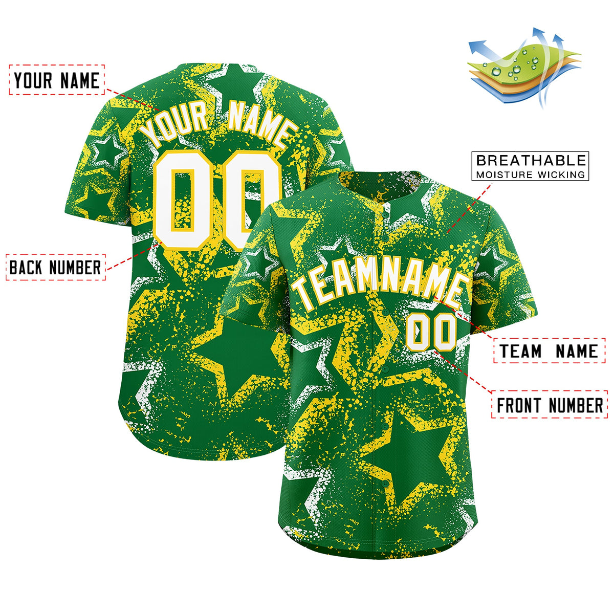 Custom Kelly Green White Gold Star-Shaped Ink Texture Graffiti Pattern Baseball Jersey | Sublimation Printed &amp; Stitched,Add Name and Numbern,Perfect for Parties,Perfect for Training | KXKSHOP