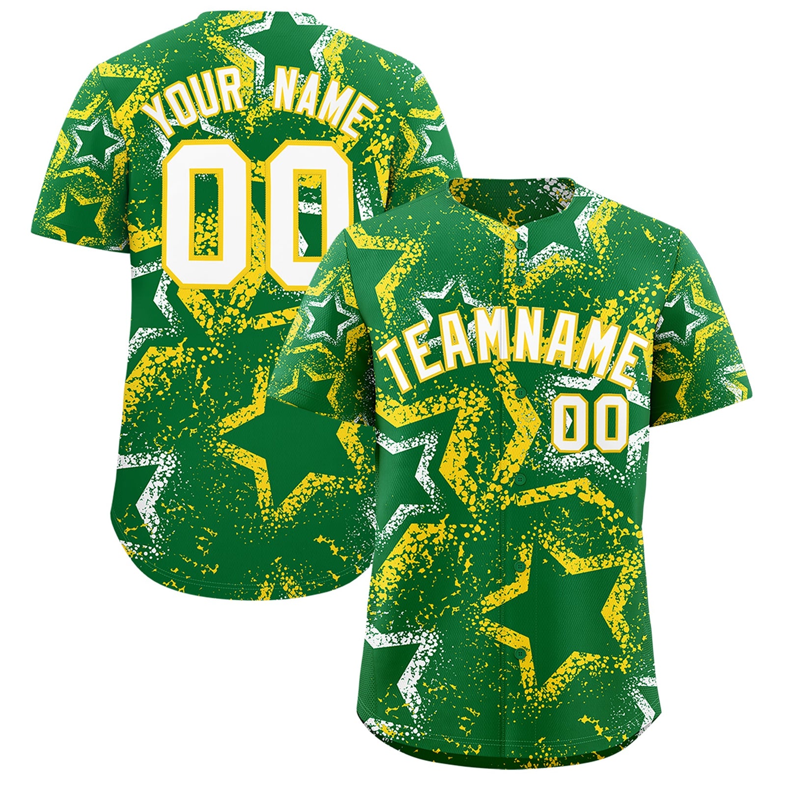 Custom Kelly Green White Gold Star-Shaped Ink Texture Graffiti Pattern Baseball Jersey | Sublimation Printed & Stitched,Add Name and Numbern,Perfect for Parties,Perfect for Training | KXKSHOP