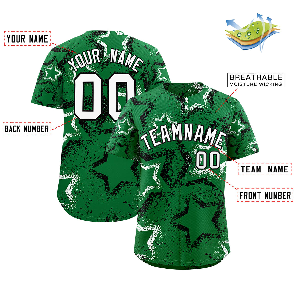 Custom Kelly Green White Star-Shaped Ink Texture Graffiti Pattern Baseball Jersey | Sublimation Printed &amp; Stitched,Add Name and Numbern,Perfect for Parties,Perfect for Training | KXKSHOP