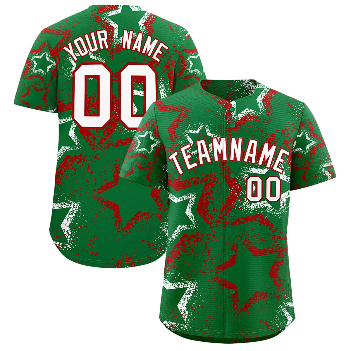 Custom Kelly Green White Red Star-Shaped Ink Texture Graffiti Pattern Baseball Jersey | Sublimation Printed &amp; Stitched,Add Name and Numbern,Perfect for Parties,Perfect for Training | KXKSHOP