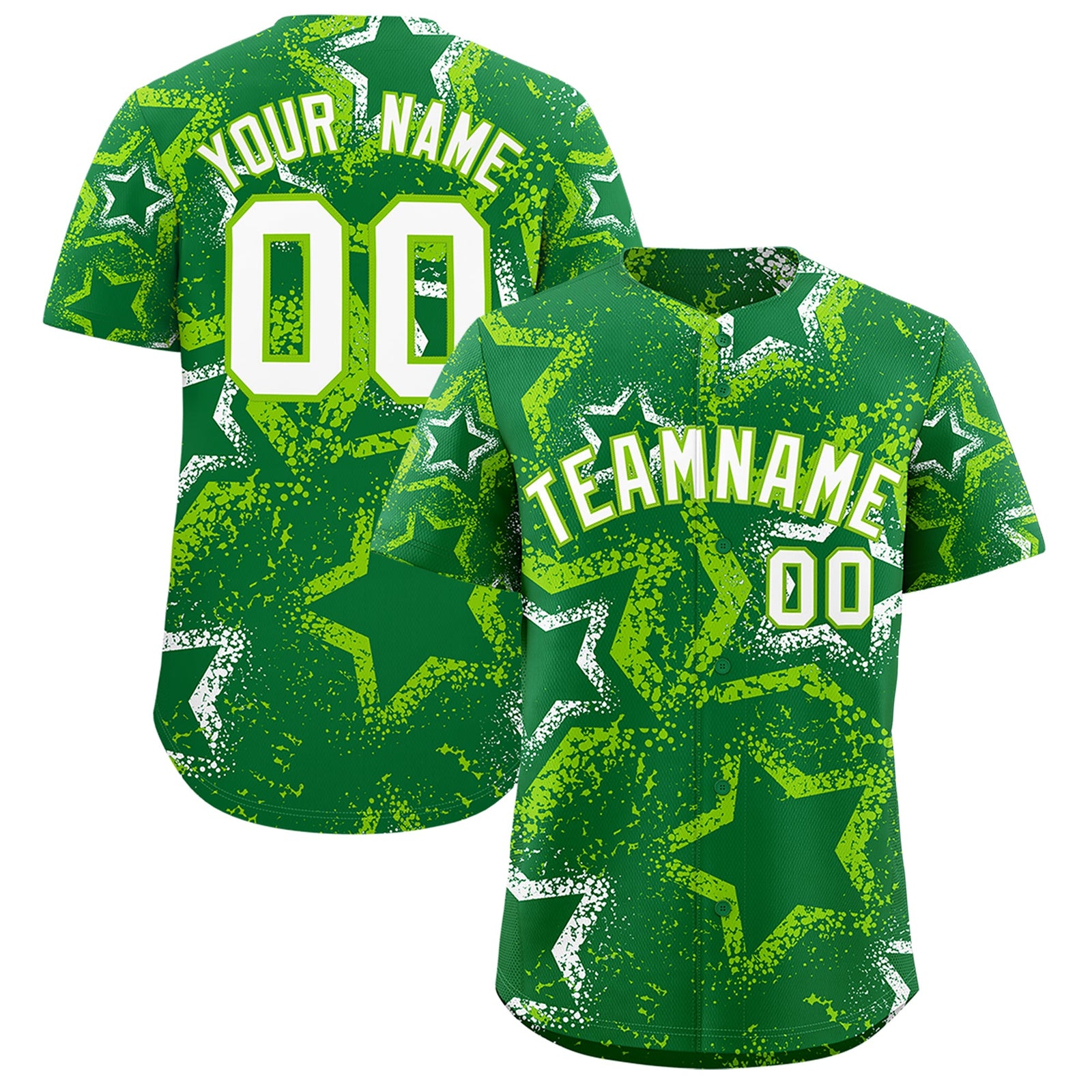 Custom Kelly Green White Neon Green Star-Shaped Ink Texture Graffiti Pattern Baseball Jersey | Sublimation Printed & Stitched,Add Name and Numbern,Perfect for Parties,Perfect for Training | KXKSHOP