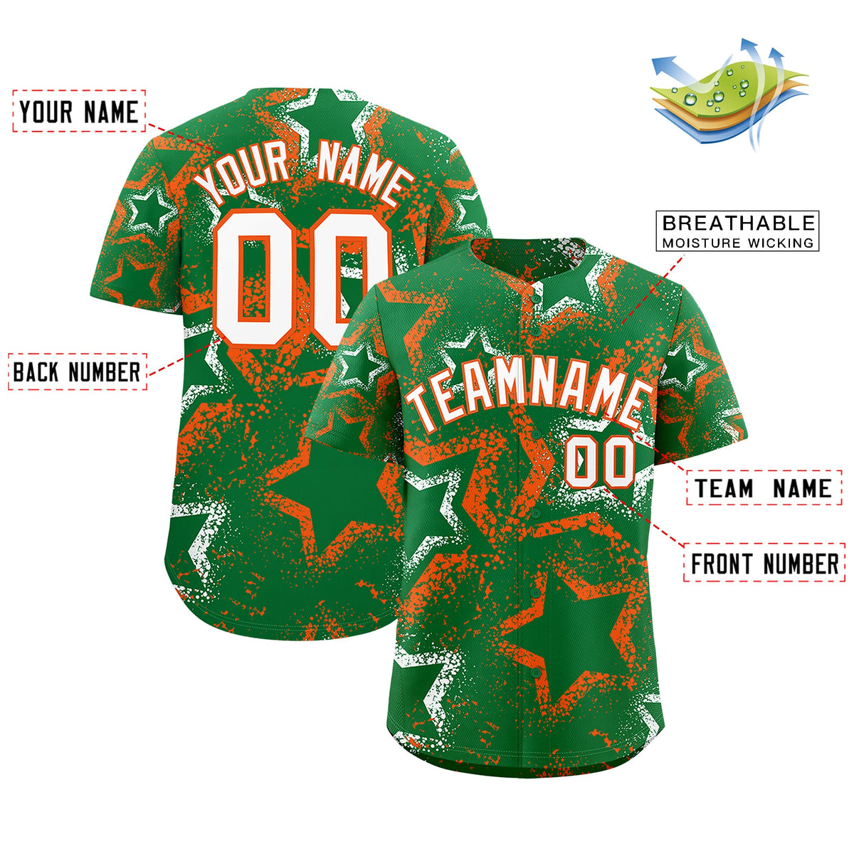 Custom Kelly Green White Orange Star-Shaped Ink Texture Graffiti Pattern Baseball Jersey | Sublimation Printed &amp; Stitched,Add Name and Numbern,Perfect for Parties,Perfect for Training | KXKSHOP