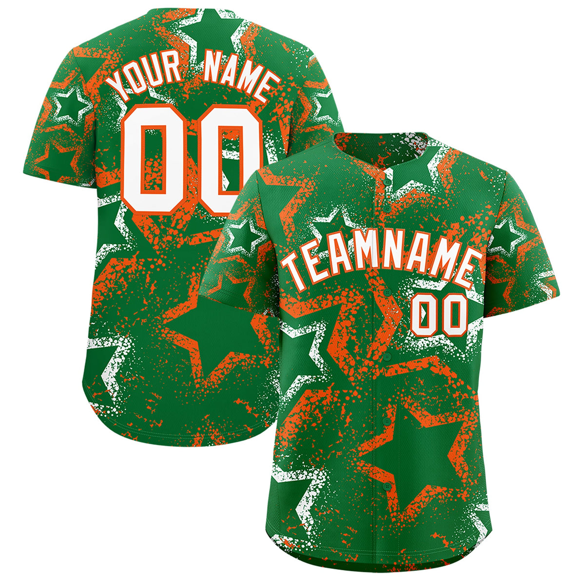 Custom Kelly Green White Orange Star-Shaped Ink Texture Graffiti Pattern Baseball Jersey | Sublimation Printed &amp; Stitched,Add Name and Numbern,Perfect for Parties,Perfect for Training | KXKSHOP