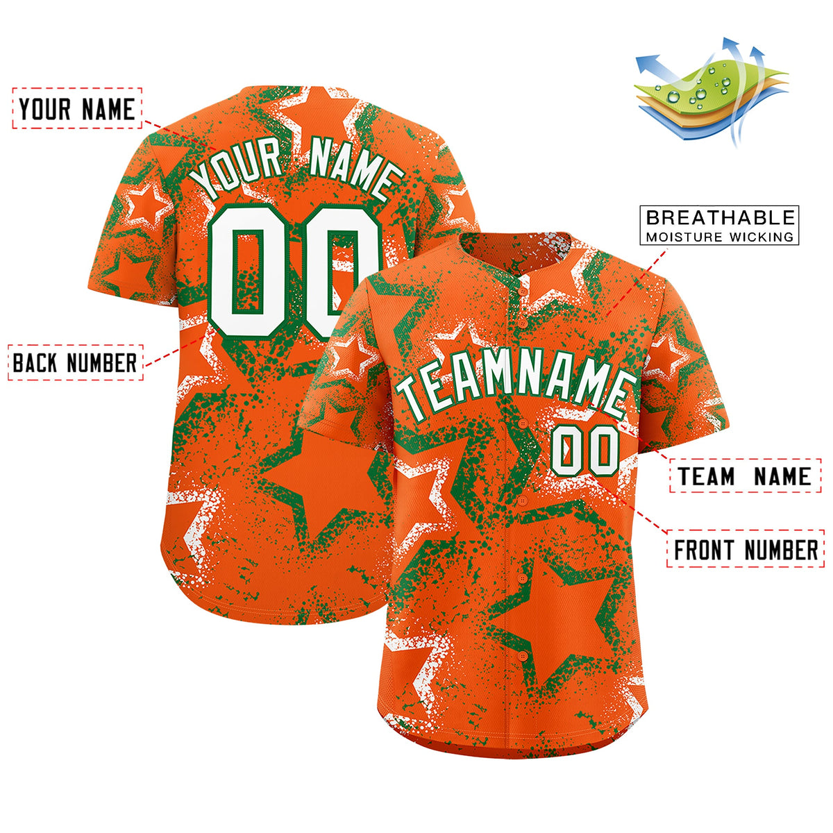 Custom Orange White Kelly Green Star-Shaped Ink Texture Graffiti Pattern Baseball Jersey | Sublimation Printed &amp; Stitched,Add Name and Numbern,Perfect for Parties,Perfect for Training | KXKSHOP
