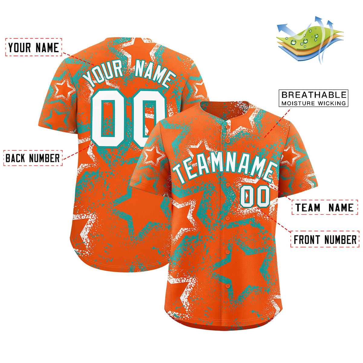 Custom Orange White Aqua Star-Shaped Ink Texture Graffiti Pattern Baseball Jersey | Sublimation Printed & Stitched,Add Name and Numbern,Perfect for Parties,Perfect for Training | KXKSHOP