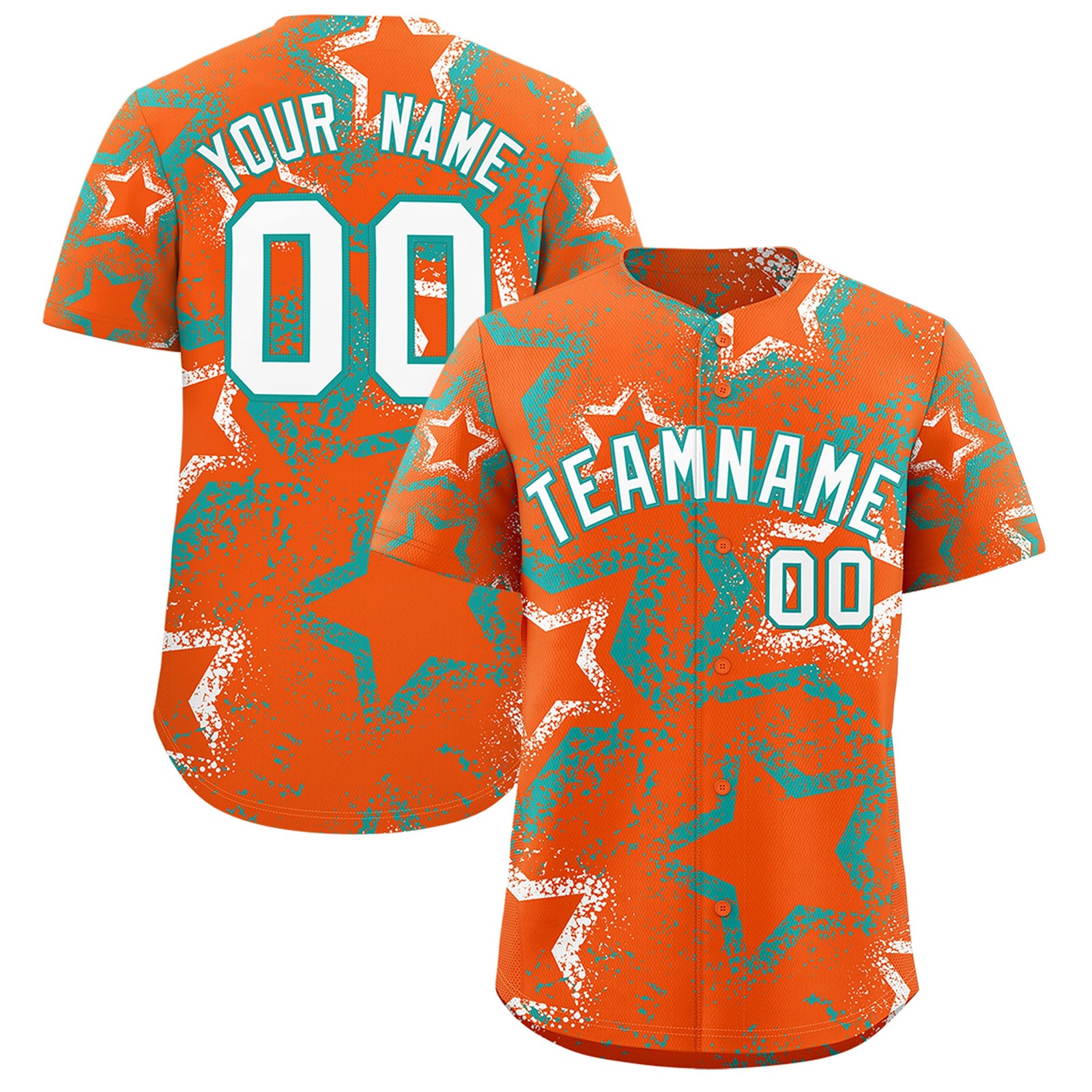 Custom Orange White Aqua Star-Shaped Ink Texture Graffiti Pattern Baseball Jersey | Sublimation Printed & Stitched,Add Name and Numbern,Perfect for Parties,Perfect for Training | KXKSHOP