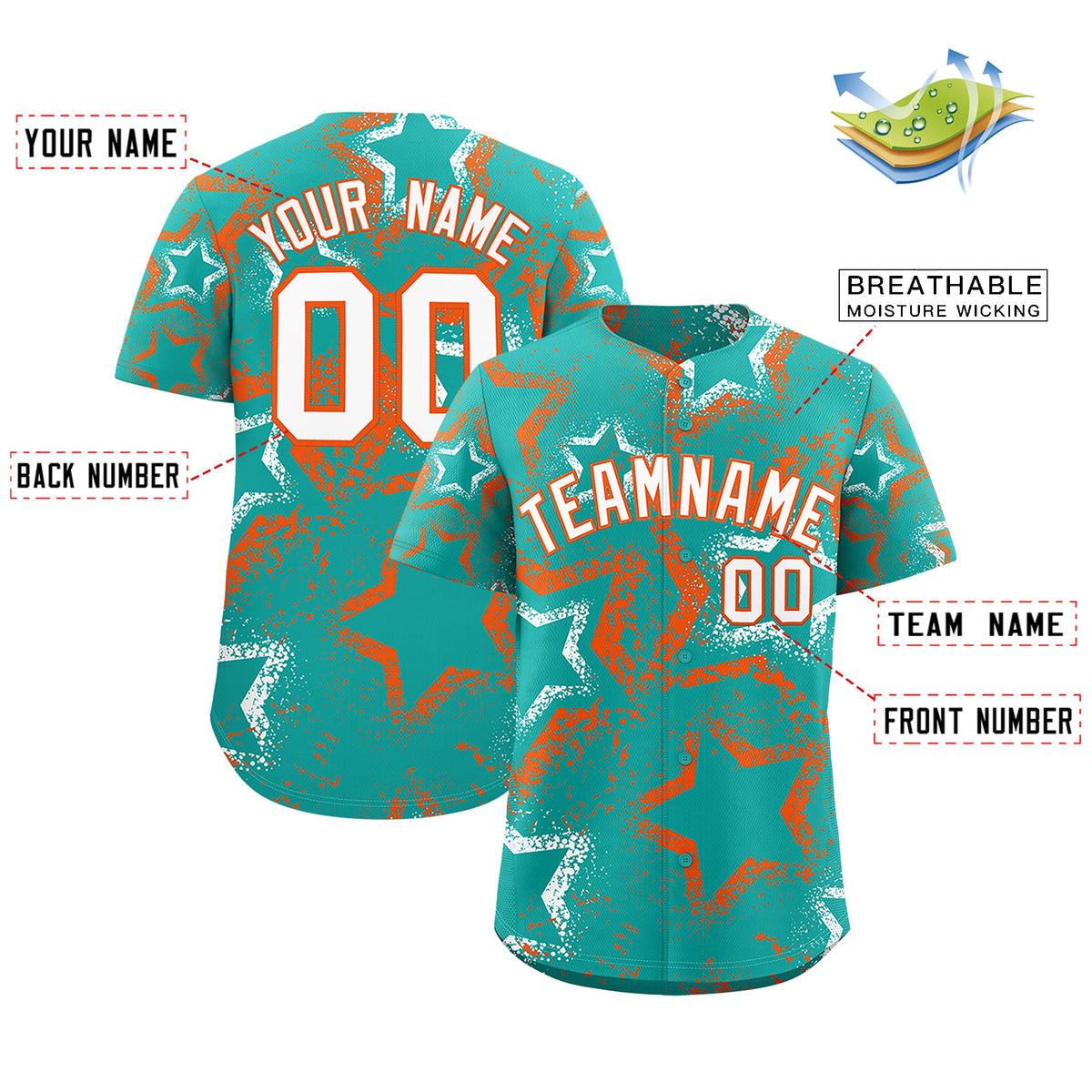 Custom Aqua White Orange Star-Shaped Ink Texture Graffiti Pattern Baseball Jersey | Sublimation Printed & Stitched,Add Name and Numbern,Perfect for Parties,Perfect for Training | KXKSHOP