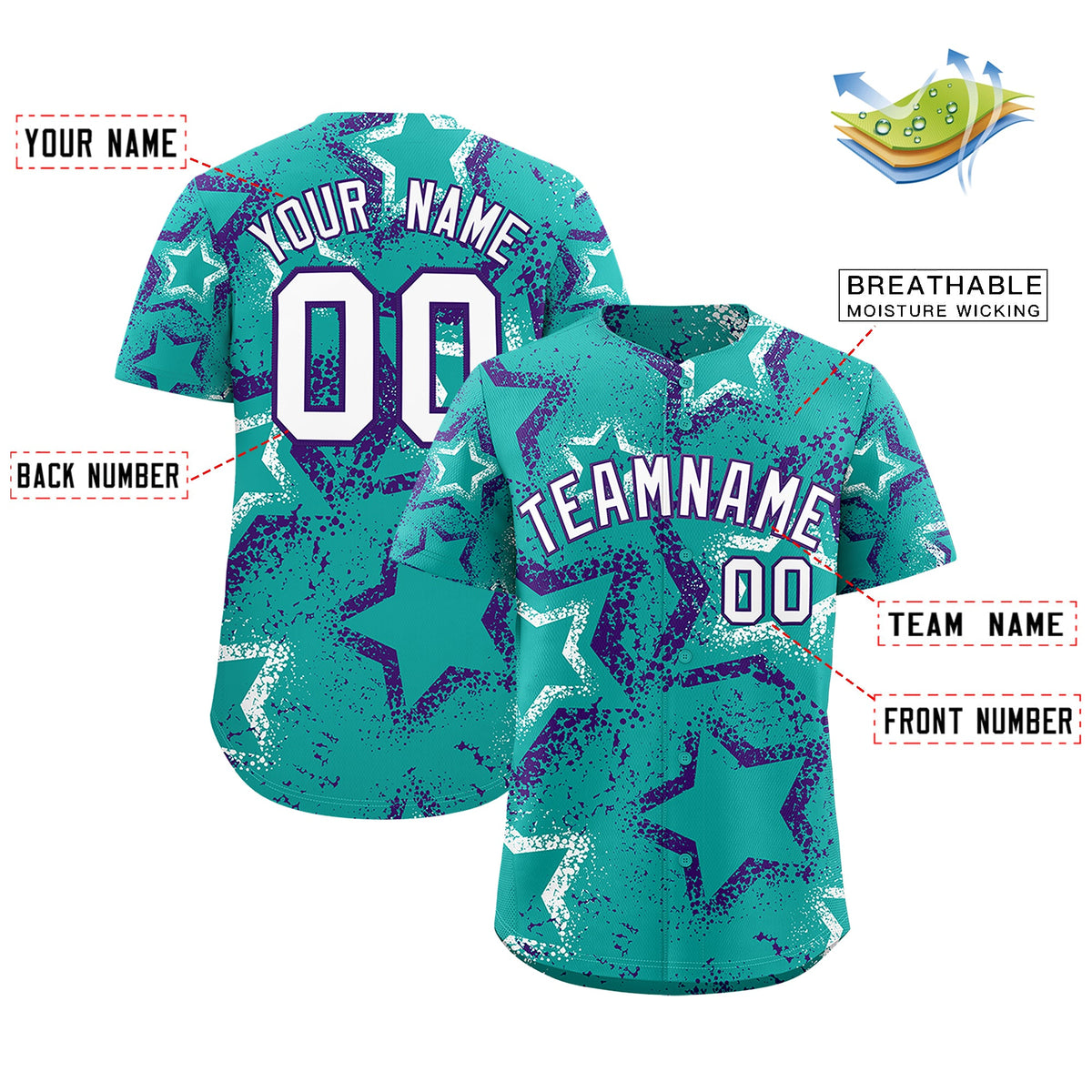Custom Aqua White Purple Star-Shaped Ink Texture Graffiti Pattern Baseball Jersey | Sublimation Printed & Stitched,Add Name and Numbern,Perfect for Parties,Perfect for Training | KXKSHOP