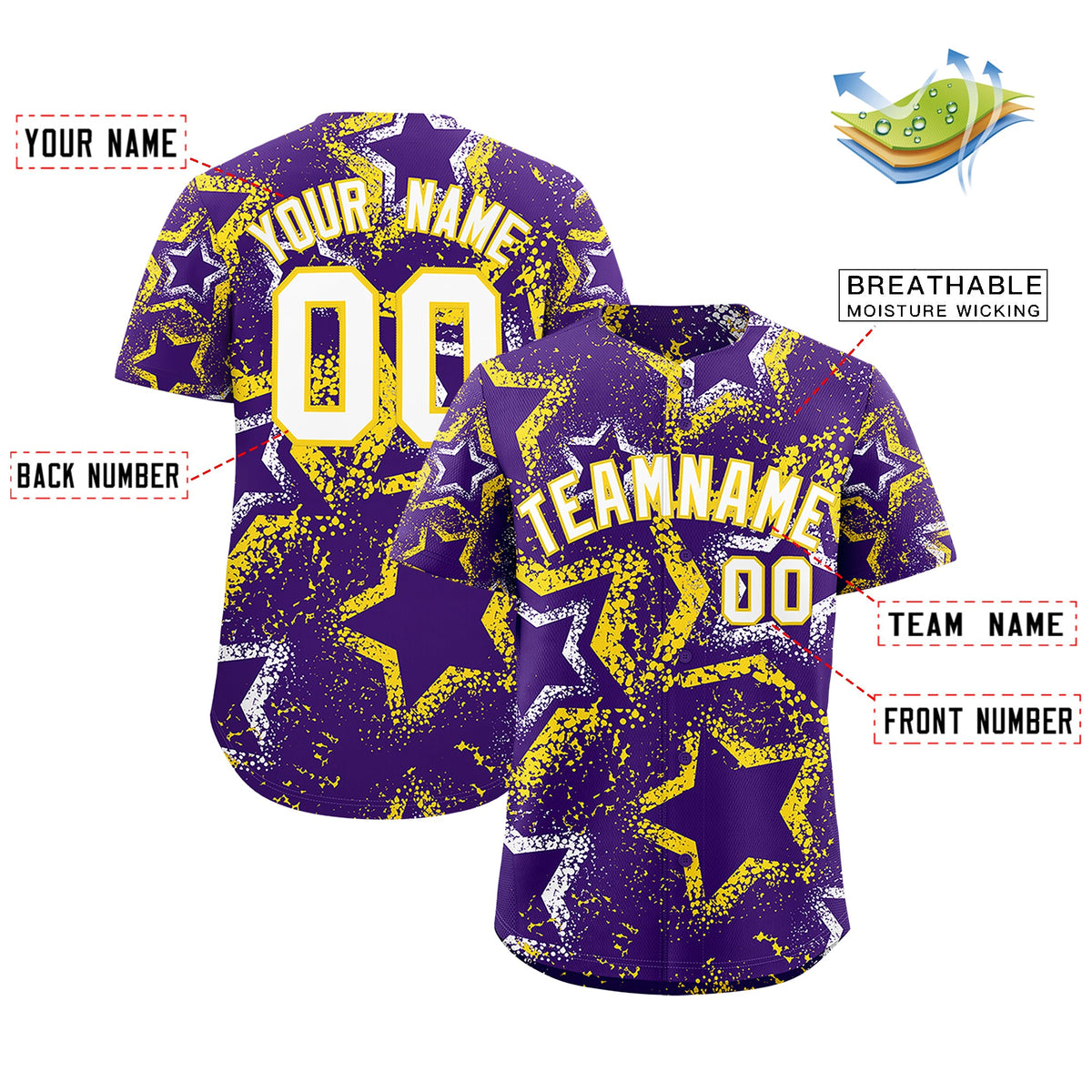 Custom Purple White Gold Star-Shaped Ink Texture Graffiti Pattern Baseball Jersey | Sublimation Printed & Stitched,Add Name and Numbern,Perfect for Parties,Perfect for Training | KXKSHOP