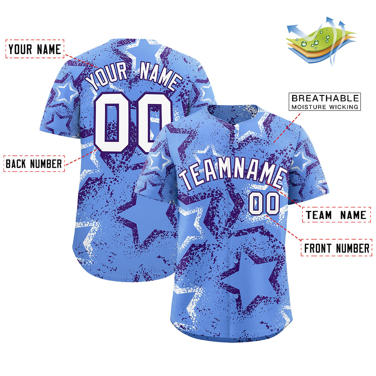 Custom Light Blue White Purple Star-Shaped Ink Texture Graffiti Pattern Baseball Jersey | Sublimation Printed &amp; Stitched,Add Name and Numbern,Perfect for Parties,Perfect for Training | KXKSHOP
