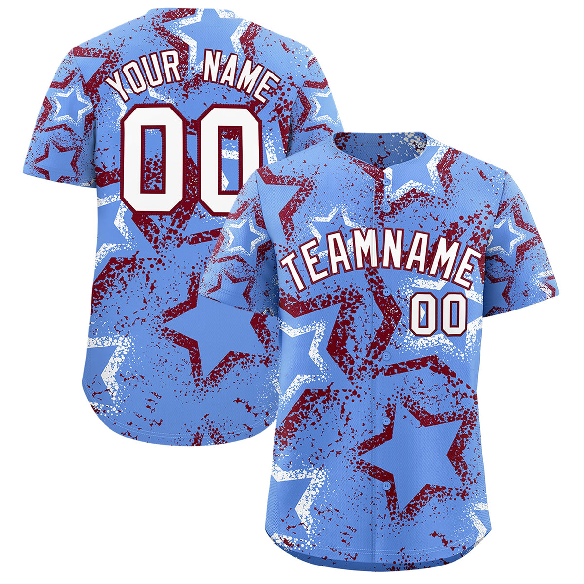 Custom Light Blue White Crimson Star-Shaped Ink Texture Graffiti Pattern Baseball Jersey | Sublimation Printed &amp; Stitched,Add Name and Numbern,Perfect for Parties,Perfect for Training | KXKSHOP