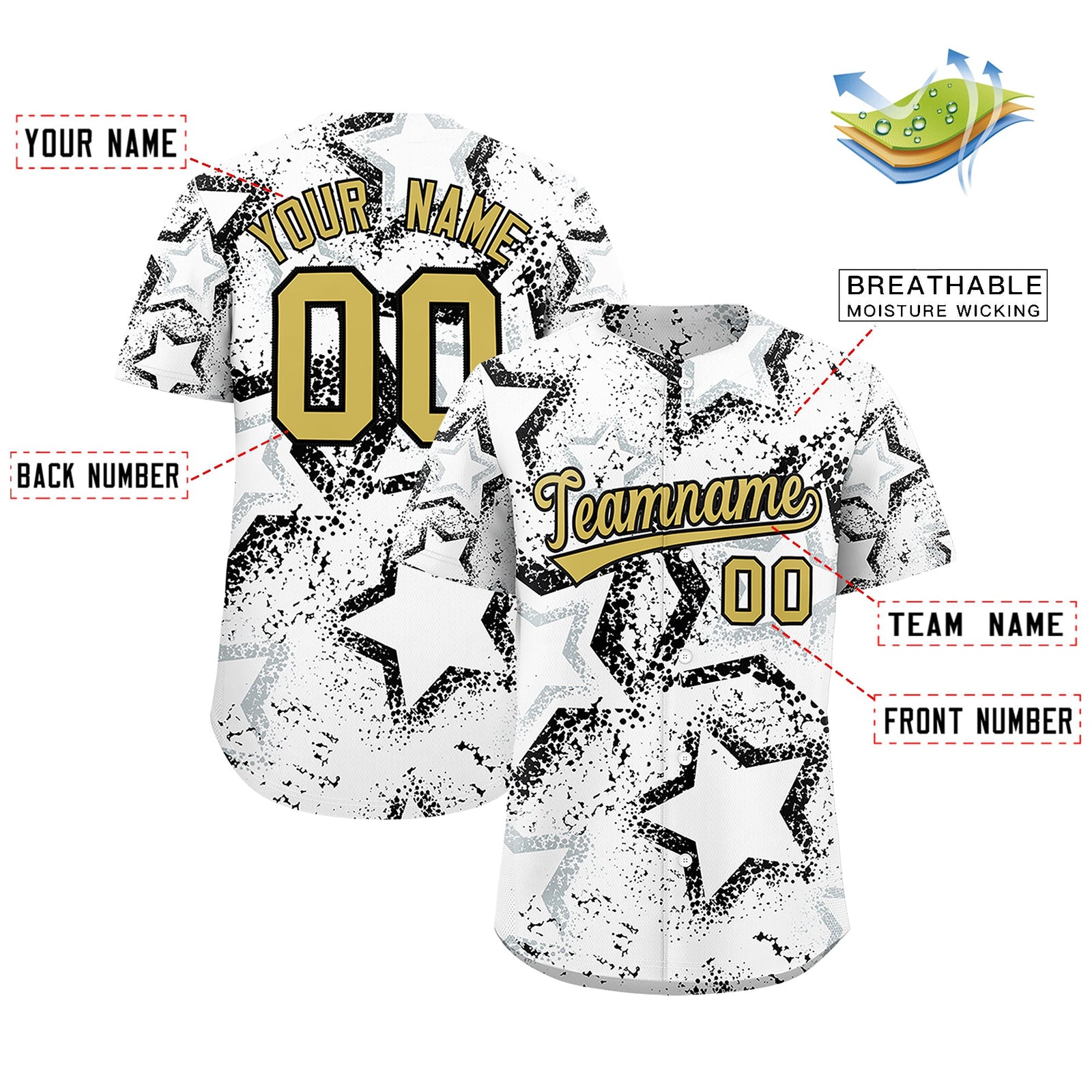 Custom White Silver Old Gold Star-Shaped Ink Texture Graffiti Pattern Baseball Jersey | Sublimation Printed & Stitched,Add Name and Numbern,Perfect for Parties,Perfect for Training | KXKSHOP