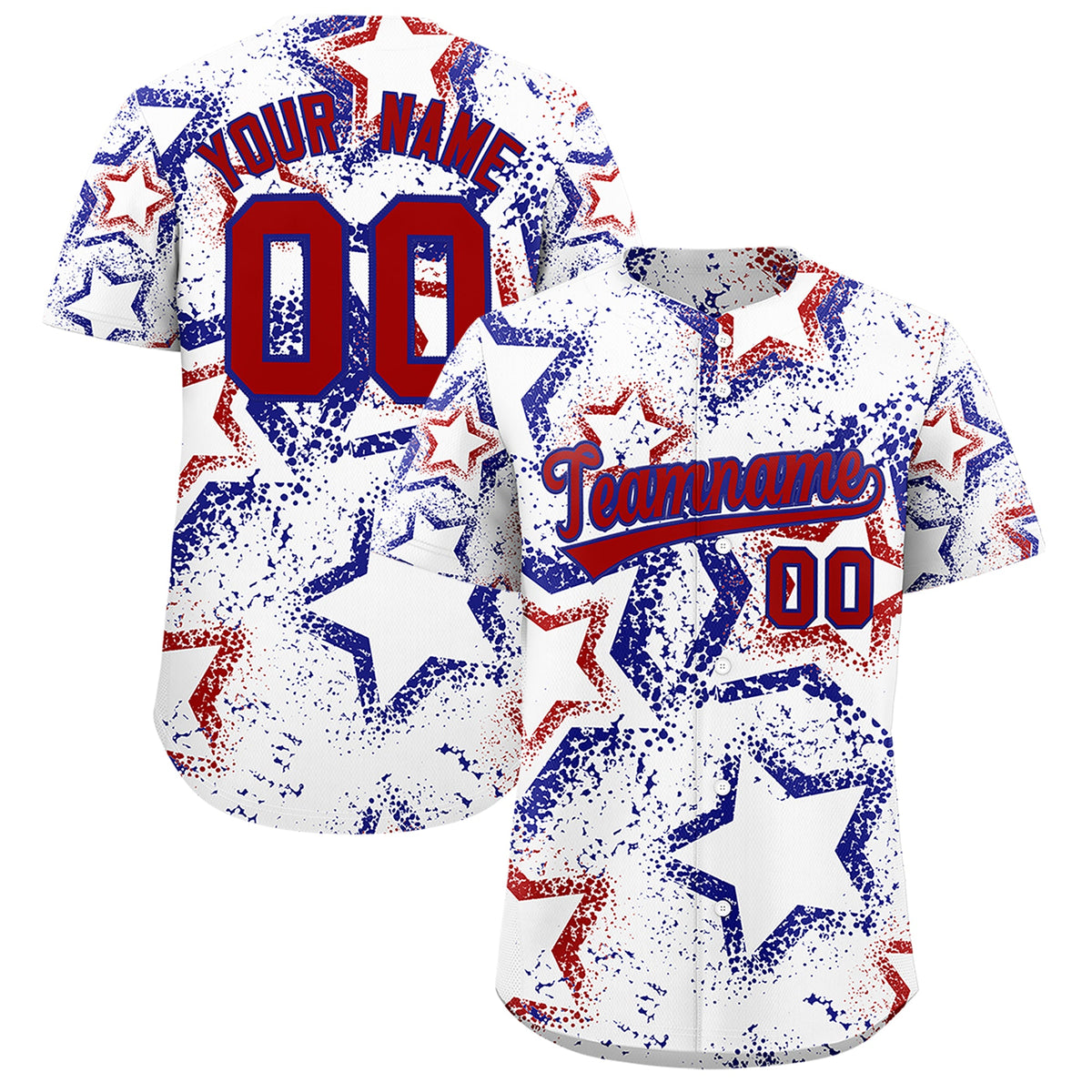 Custom White Royal Blue Red Star-Shaped Ink Texture Graffiti Pattern Baseball Jersey | Sublimation Printed &amp; Stitched,Add Name and Numbern,Perfect for Parties,Perfect for Training | KXKSHOP