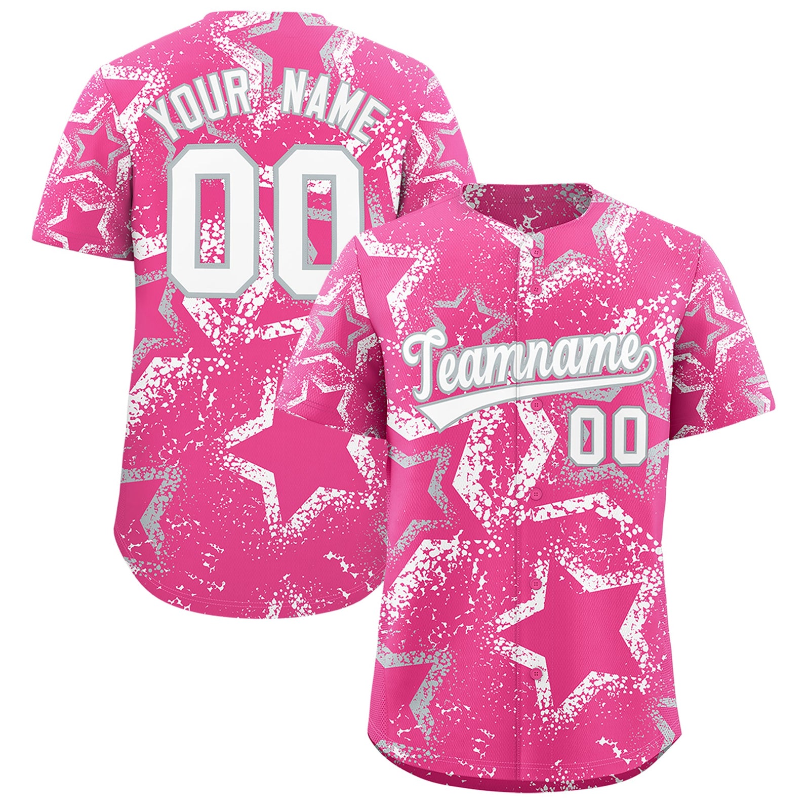 Custom Pink Silver White Star-Shaped Ink Texture Graffiti Pattern Baseball Jersey | Sublimation Printed & Stitched,Add Name and Numbern,Perfect for Parties,Perfect for Training | KXKSHOP