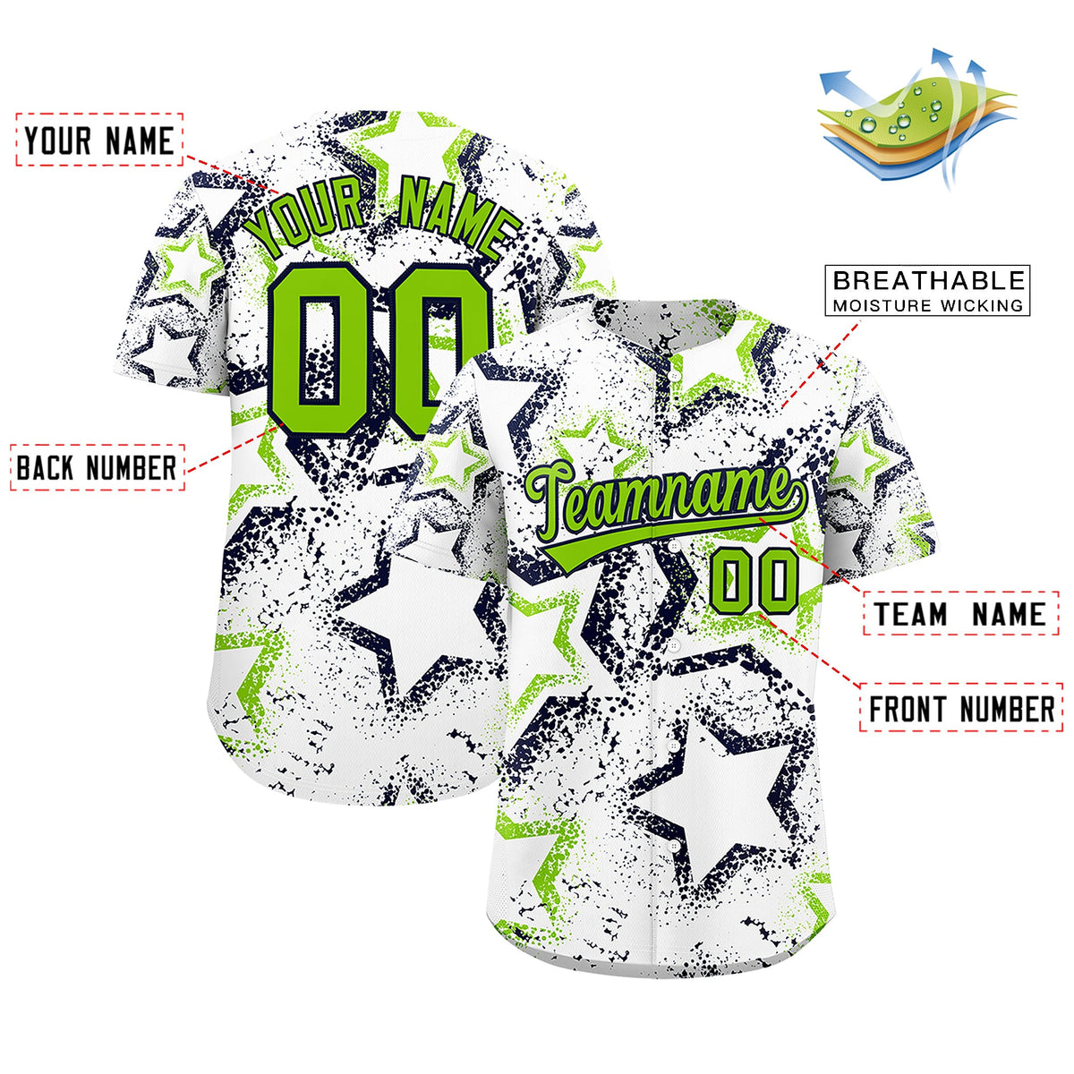 Custom White Neon Green Navy Star-Shaped Ink Texture Graffiti Pattern Baseball Jersey | Sublimation Printed & Stitched,Add Name and Numbern,Perfect for Parties,Perfect for Training | KXKSHOP