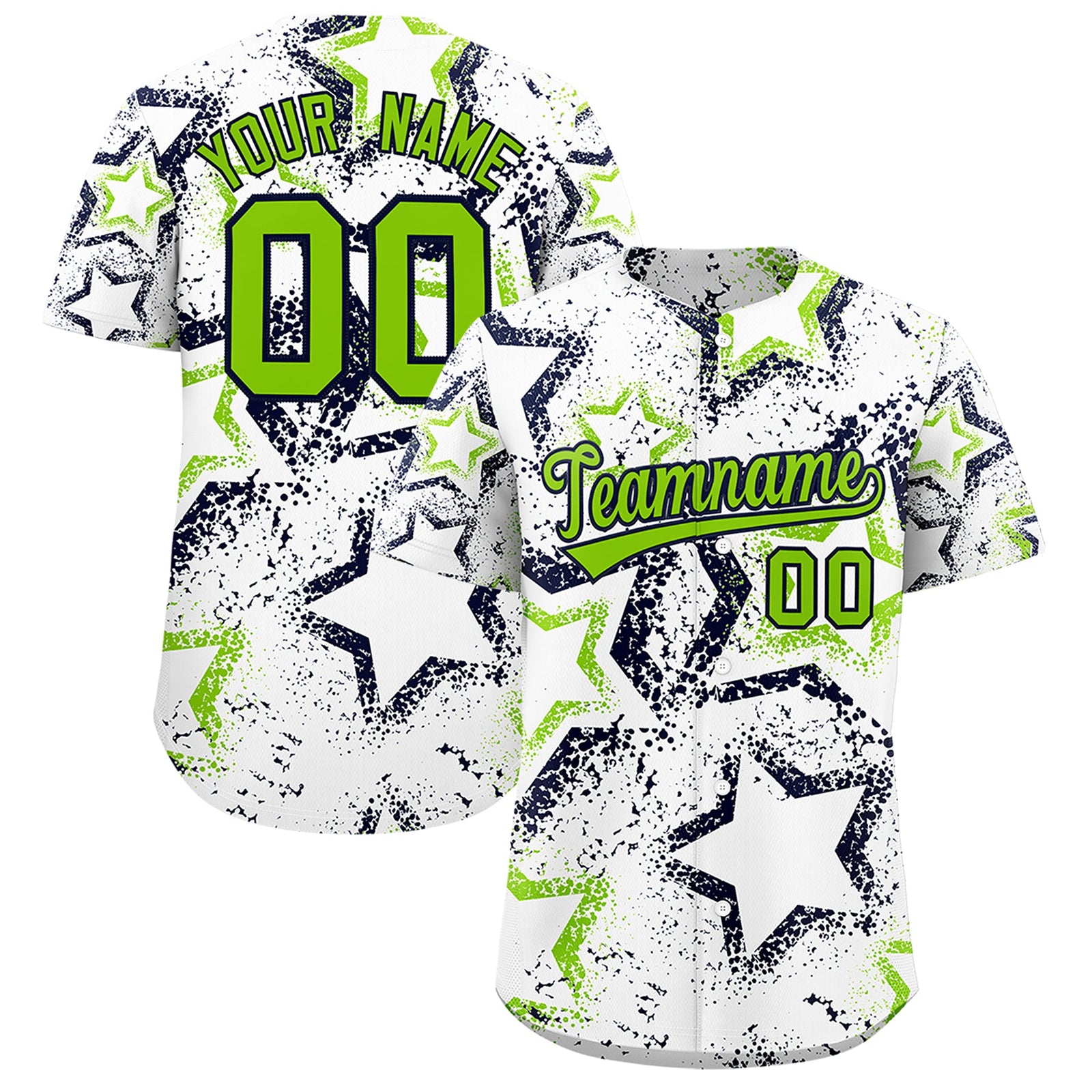 Custom White Neon Green Navy Star-Shaped Ink Texture Graffiti Pattern Baseball Jersey | Sublimation Printed & Stitched,Add Name and Numbern,Perfect for Parties,Perfect for Training | KXKSHOP