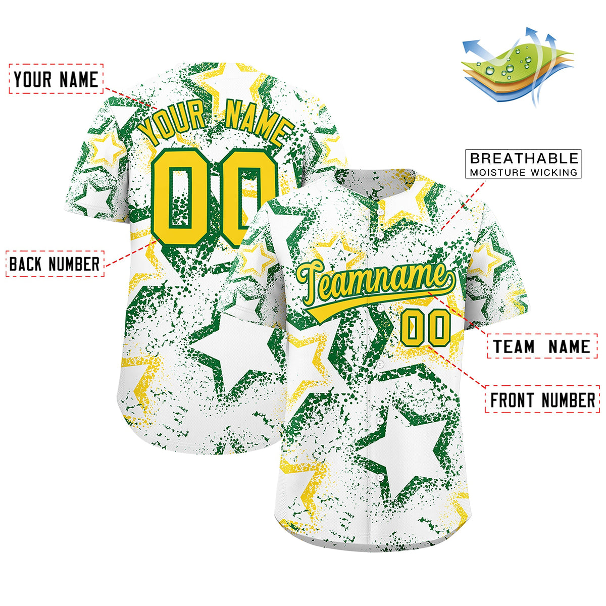 Custom White Kelly Green Gold Star-Shaped Ink Texture Graffiti Pattern Baseball Jersey | Sublimation Printed &amp; Stitched,Add Name and Numbern,Perfect for Parties,Perfect for Training | KXKSHOP