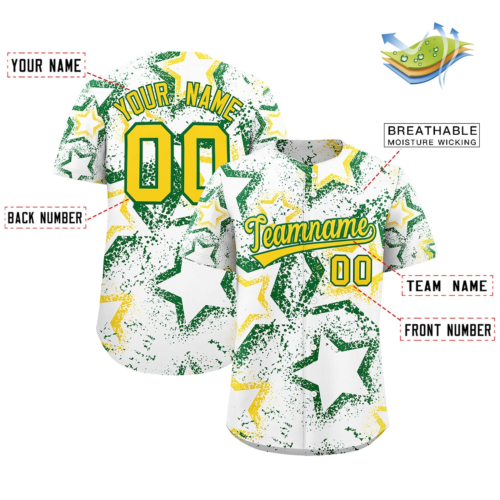 Custom White Kelly Green Gold Star-Shaped Ink Texture Graffiti Pattern Baseball Jersey | Sublimation Printed & Stitched,Add Name and Numbern,Perfect for Parties,Perfect for Training | KXKSHOP
