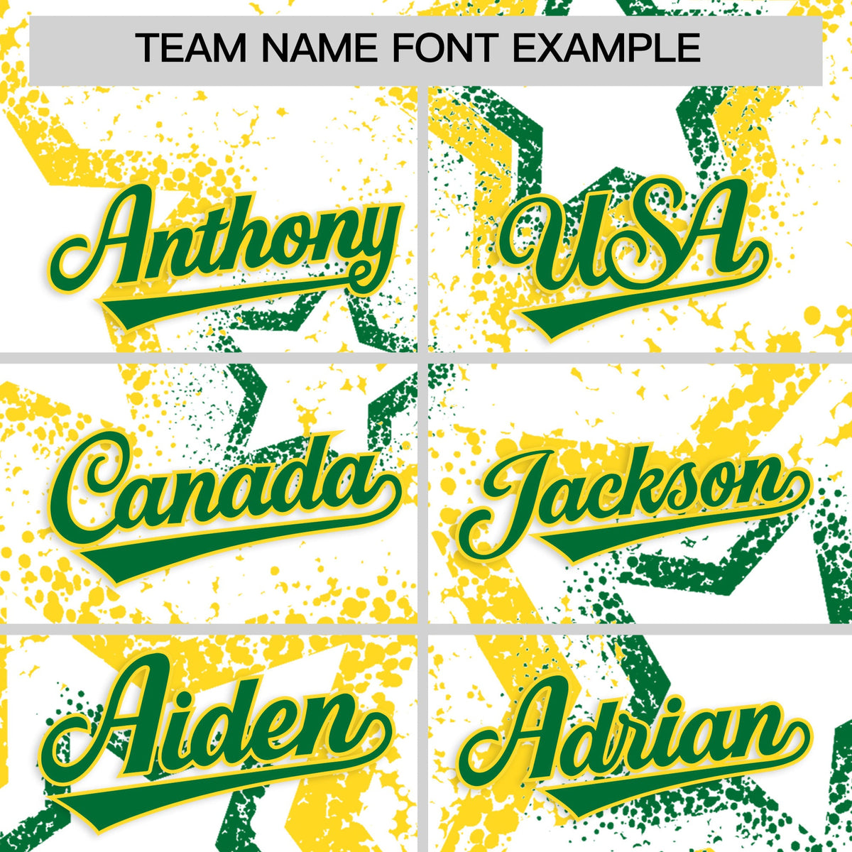 Custom White Gold Kelly Green Star-Shaped Ink Texture Graffiti Pattern Baseball Jersey | Sublimation Printed &amp; Stitched,Add Name and Numbern,Perfect for Parties,Perfect for Training | KXKSHOP