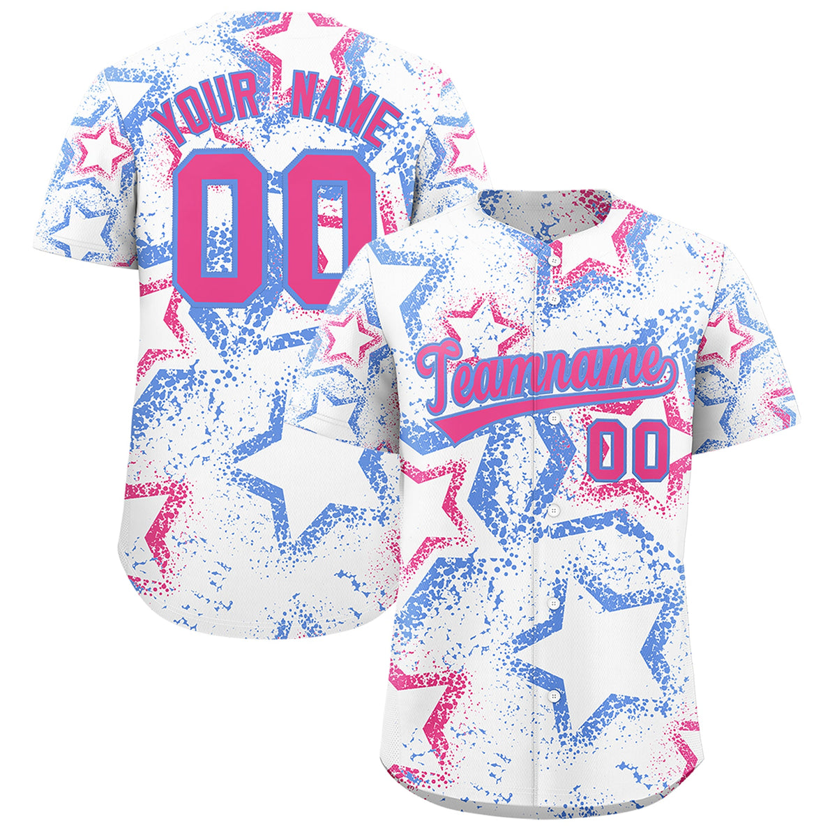 Custom White Light Blue Pink Star-Shaped Ink Texture Graffiti Pattern Baseball Jersey | Sublimation Printed & Stitched,Add Name and Numbern,Perfect for Parties,Perfect for Training | KXKSHOP