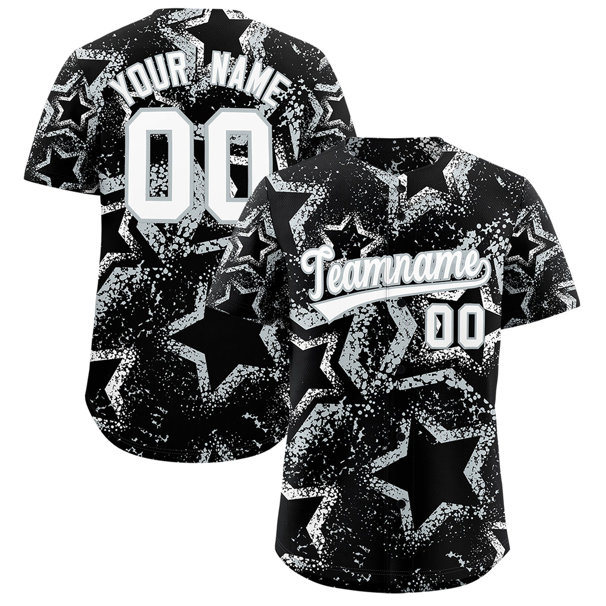 Custom Black White Silver Star-Shaped Ink Texture Graffiti Pattern Baseball Jersey | Sublimation Printed &amp; Stitched,Add Name and Numbern,Perfect for Parties,Perfect for Training | KXKSHOP