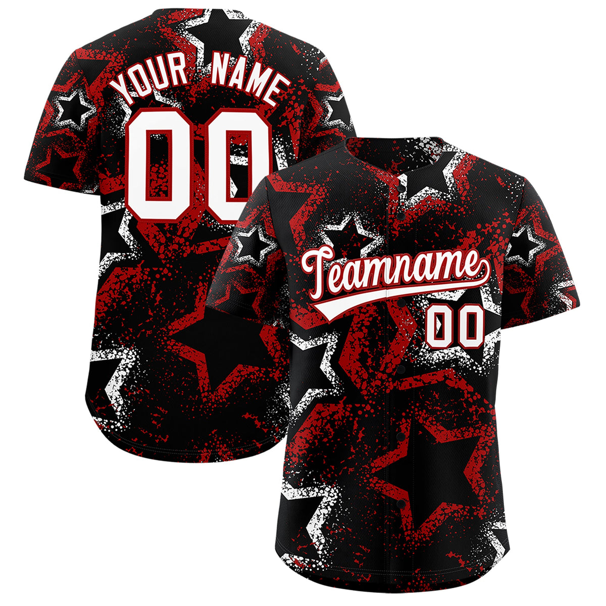 Custom Black White Red Star-Shaped Ink Texture Graffiti Pattern Baseball Jersey | Sublimation Printed & Stitched,Add Name and Numbern,Perfect for Parties,Perfect for Training | KXKSHOP