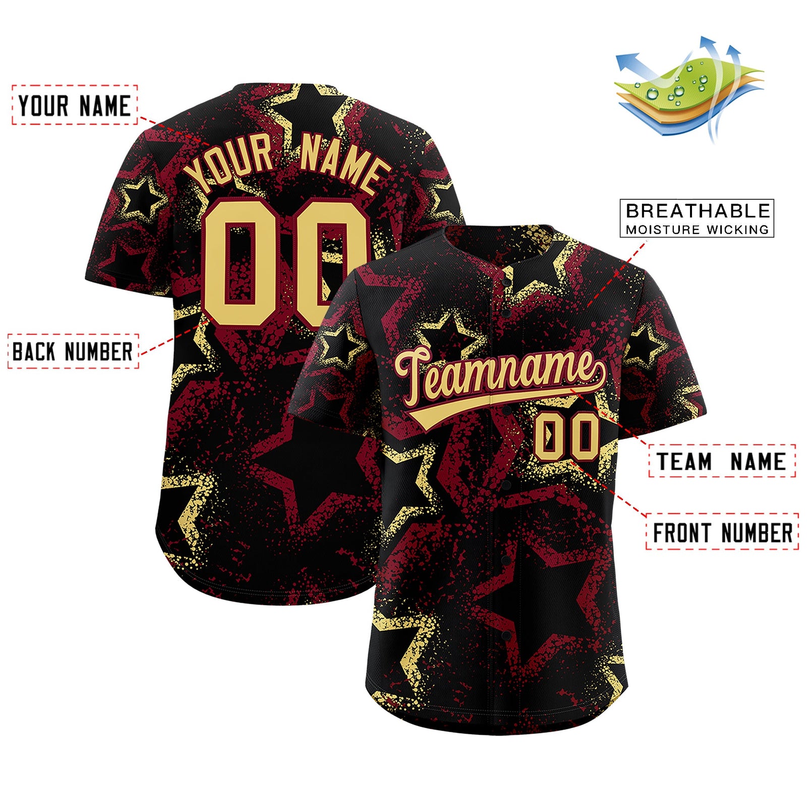 Custom Black Khaki Crimson Star-Shaped Ink Texture Graffiti Pattern Baseball Jersey | Sublimation Printed & Stitched,Add Name and Numbern,Perfect for Parties,Perfect for Training | KXKSHOP