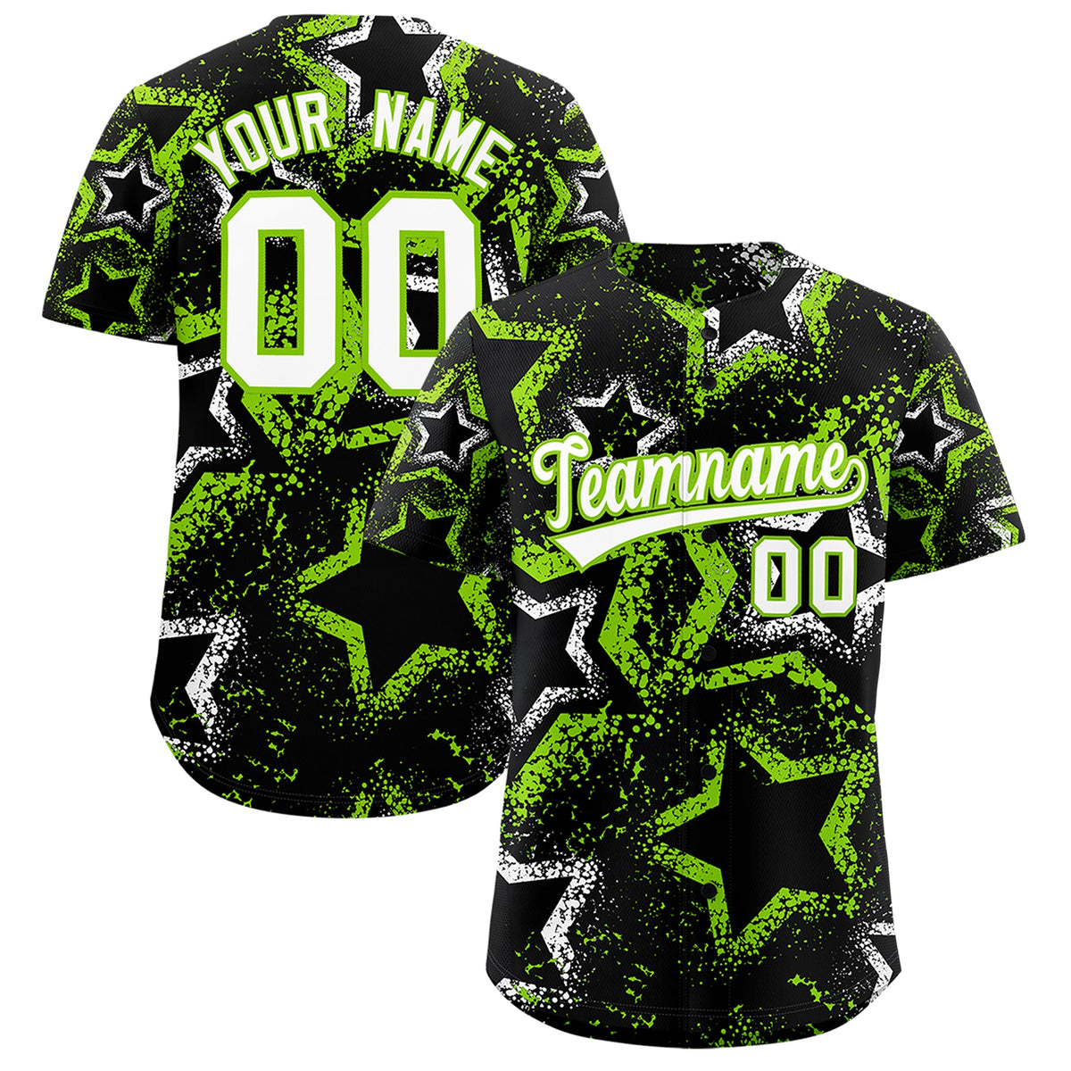 Custom Black White Neon Green Star-Shaped Ink Texture Graffiti Pattern Baseball Jersey | Sublimation Printed & Stitched,Add Name and Numbern,Perfect for Parties,Perfect for Training | KXKSHOP