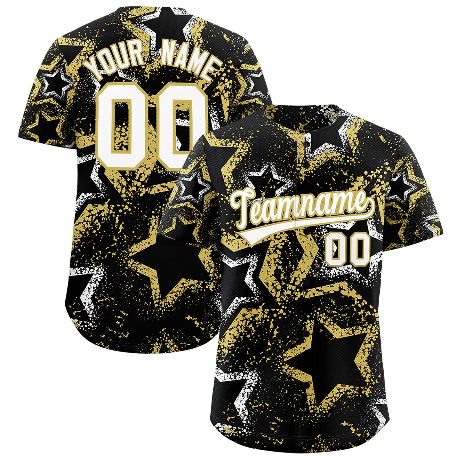 Custom Black White Old Gold Star-Shaped Ink Texture Graffiti Pattern Baseball Jersey | Sublimation Printed & Stitched,Add Name and Numbern,Perfect for Parties,Perfect for Training | KXKSHOP