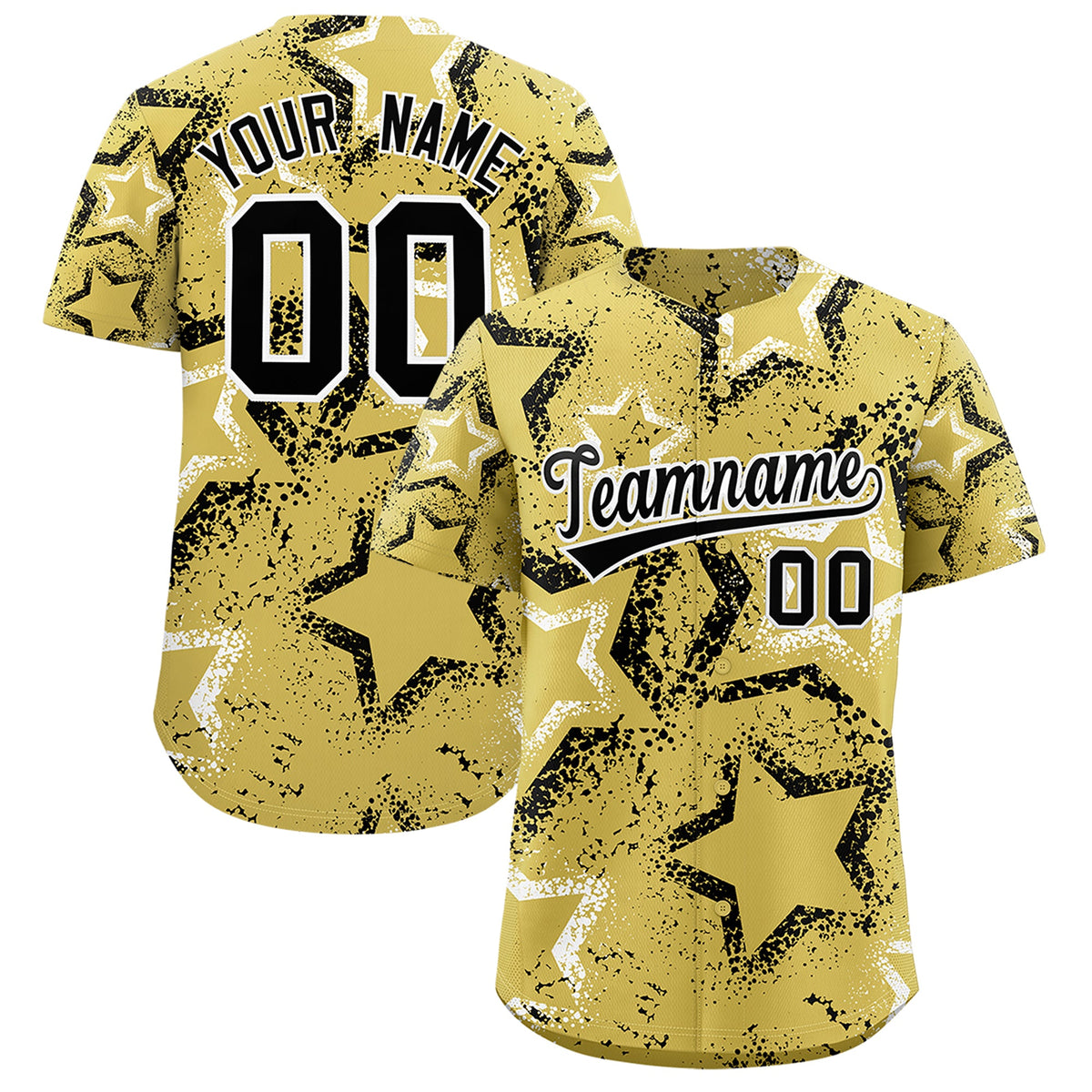 Custom Old Gold White Black Star-Shaped Ink Texture Graffiti Pattern Baseball Jersey | Sublimation Printed &amp; Stitched,Add Name and Numbern,Perfect for Parties,Perfect for Training | KXKSHOP