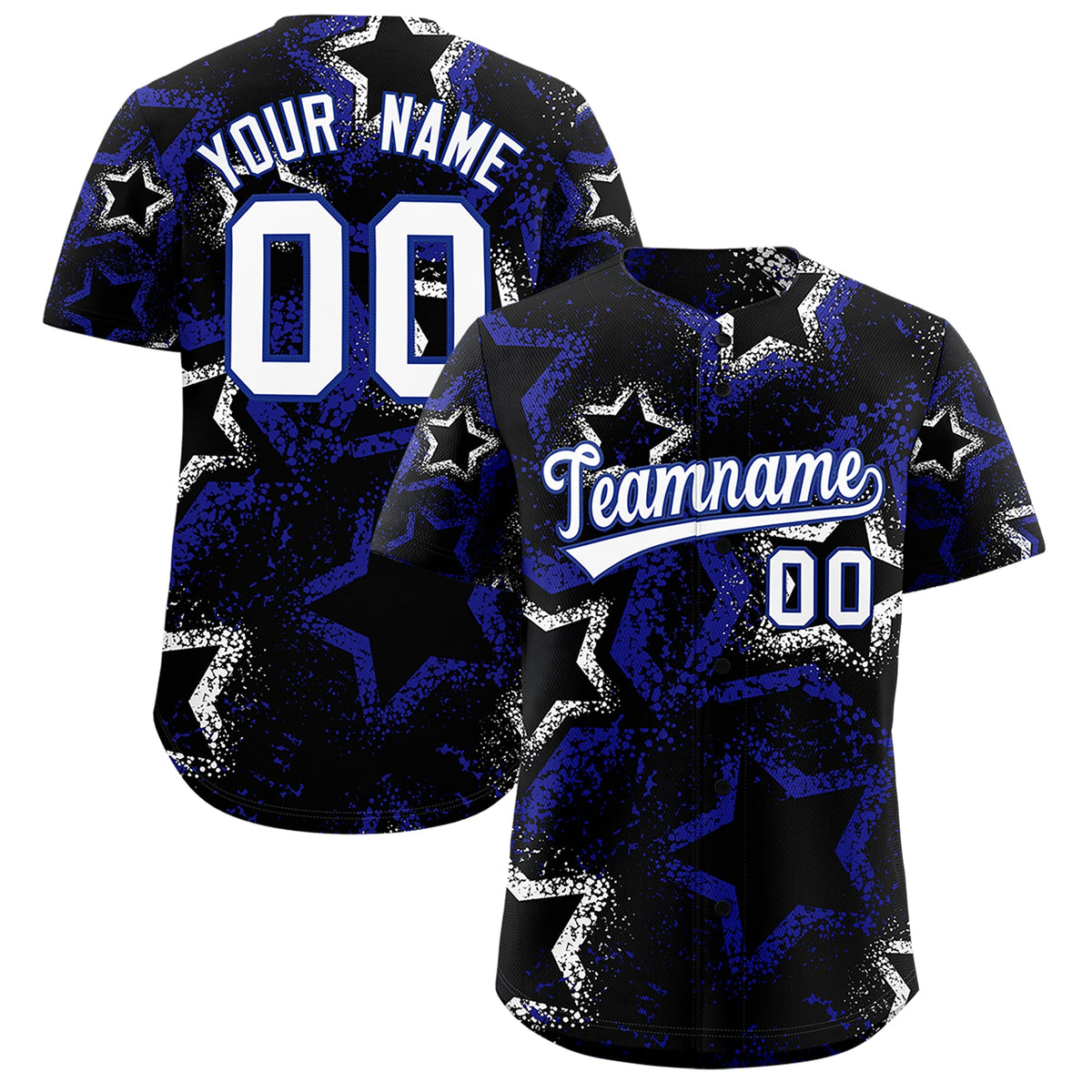 Custom Black White Royal Blue Star-Shaped Ink Texture Graffiti Pattern Baseball Jersey | Sublimation Printed &amp; Stitched,Add Name and Numbern,Perfect for Parties,Perfect for Training | KXKSHOP