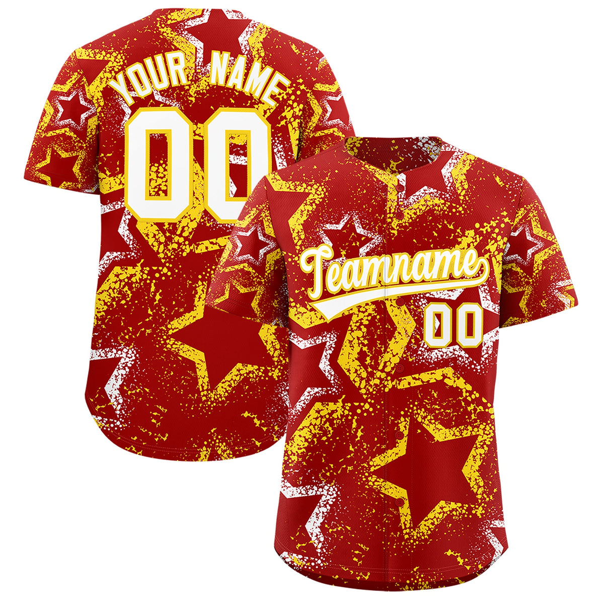 Custom Red White Gold Star-Shaped Ink Texture Graffiti Pattern Baseball Jersey | Sublimation Printed & Stitched,Add Name and Numbern,Perfect for Parties,Perfect for Training | KXKSHOP